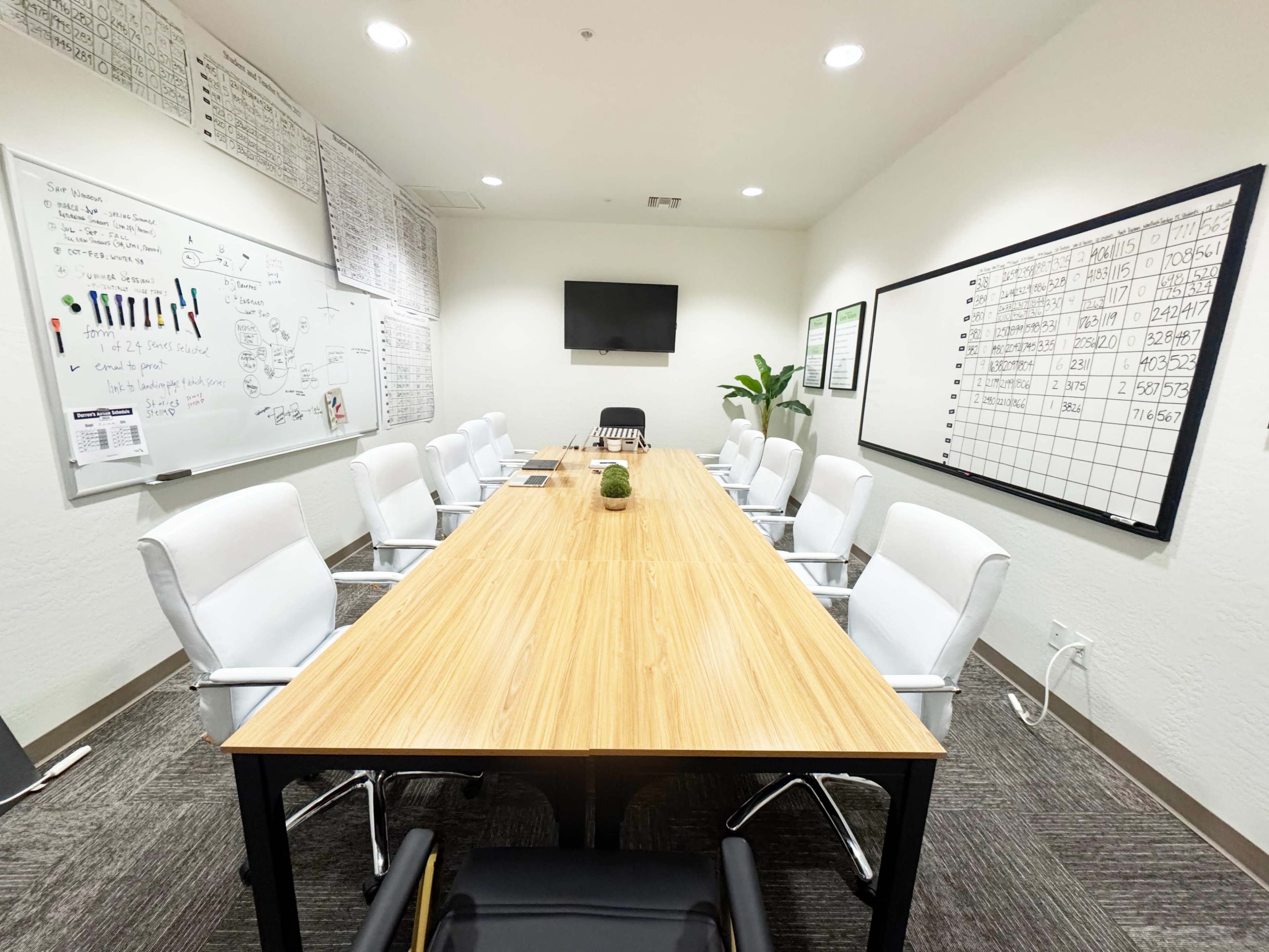 A conference room features a long wooden table surrounded by white chairs, with a wall-mounted TV and various charts on the walls.