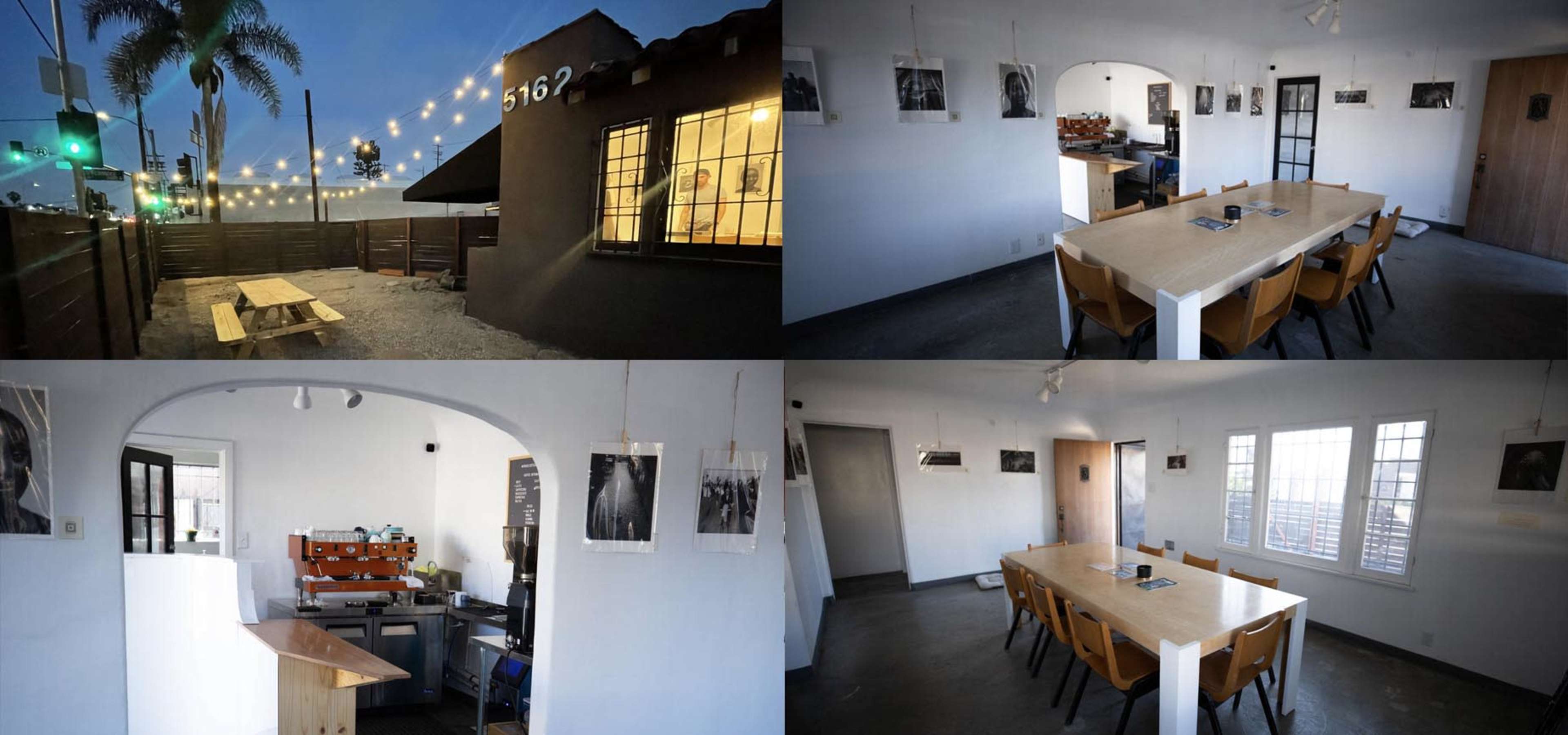 The interior and exterior of a small establishment featuring a dining area with wooden tables, chairs, and a kitchen in a well-lit space.