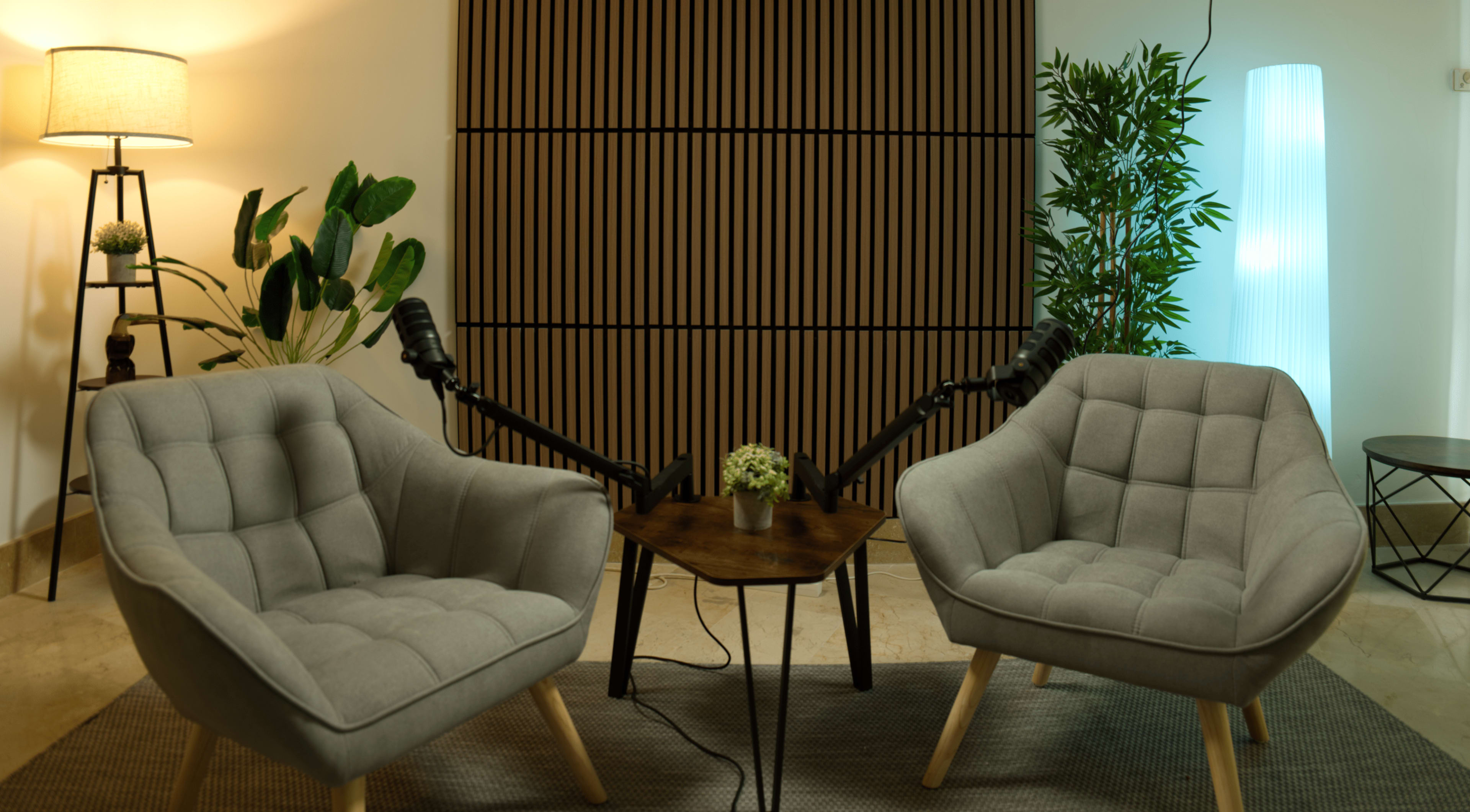 The image shows a modern indoor setting with two gray armchairs positioned around a small wooden table, a lamp in the corner, and a potted plant nearby.