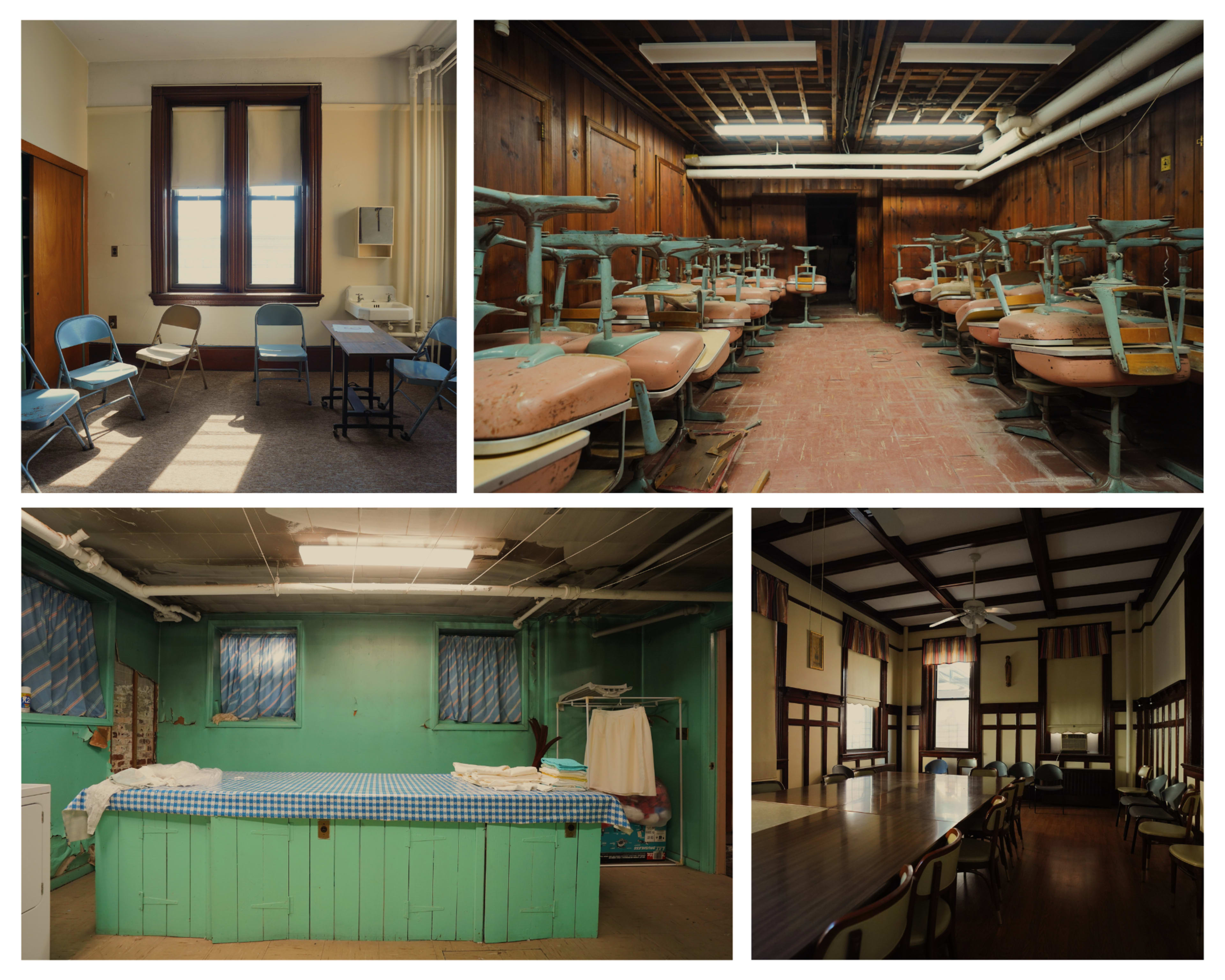 Four distinct views of an abandoned building, including a waiting area with chairs, a room filled with old treatment chairs, a wash area with a sink, and a large dining or meeting space with a long table.