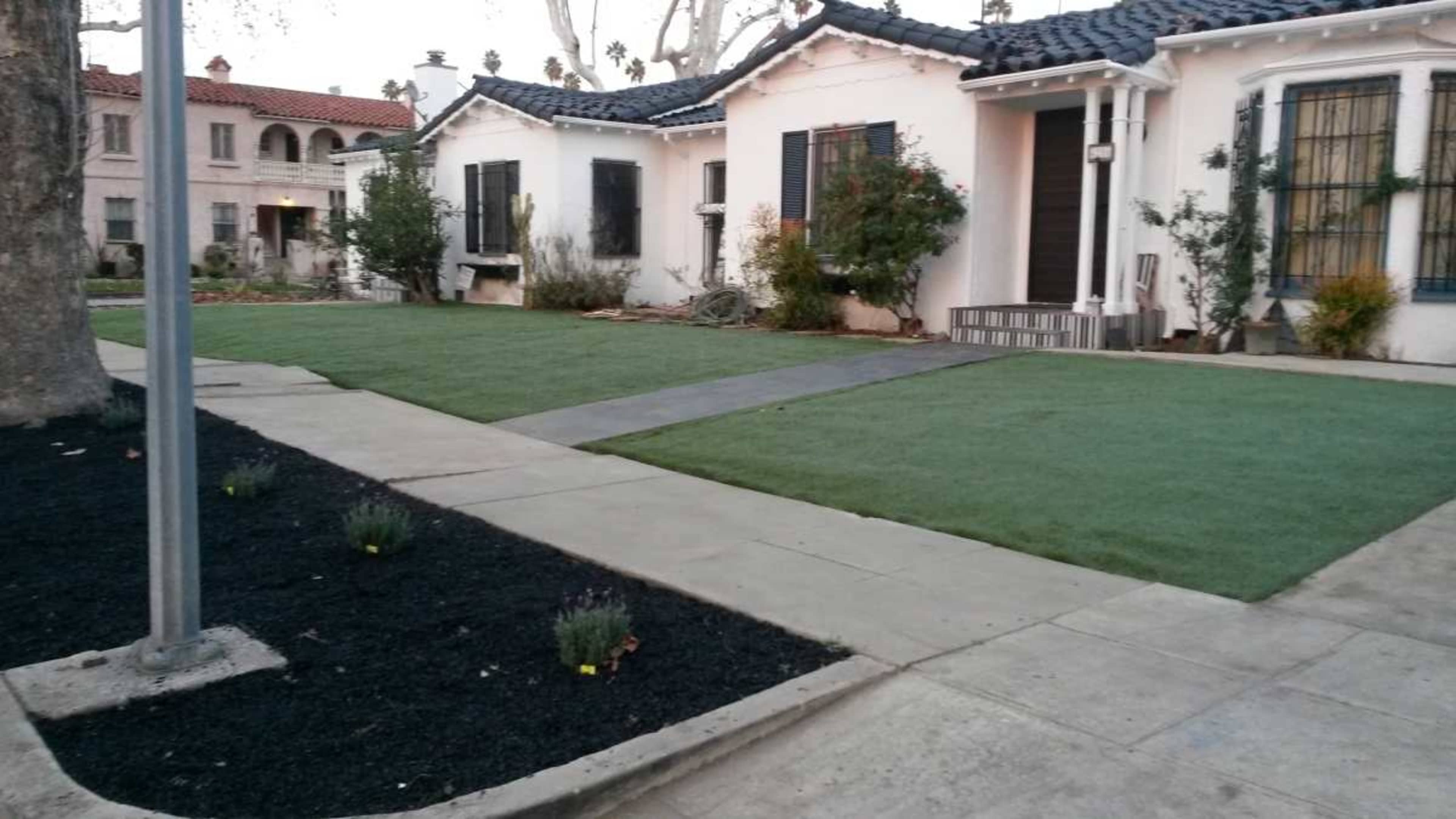 The image shows a residential area with two houses facing a neatly trimmed lawn and pathway, surrounded by low shrubs and landscaping.