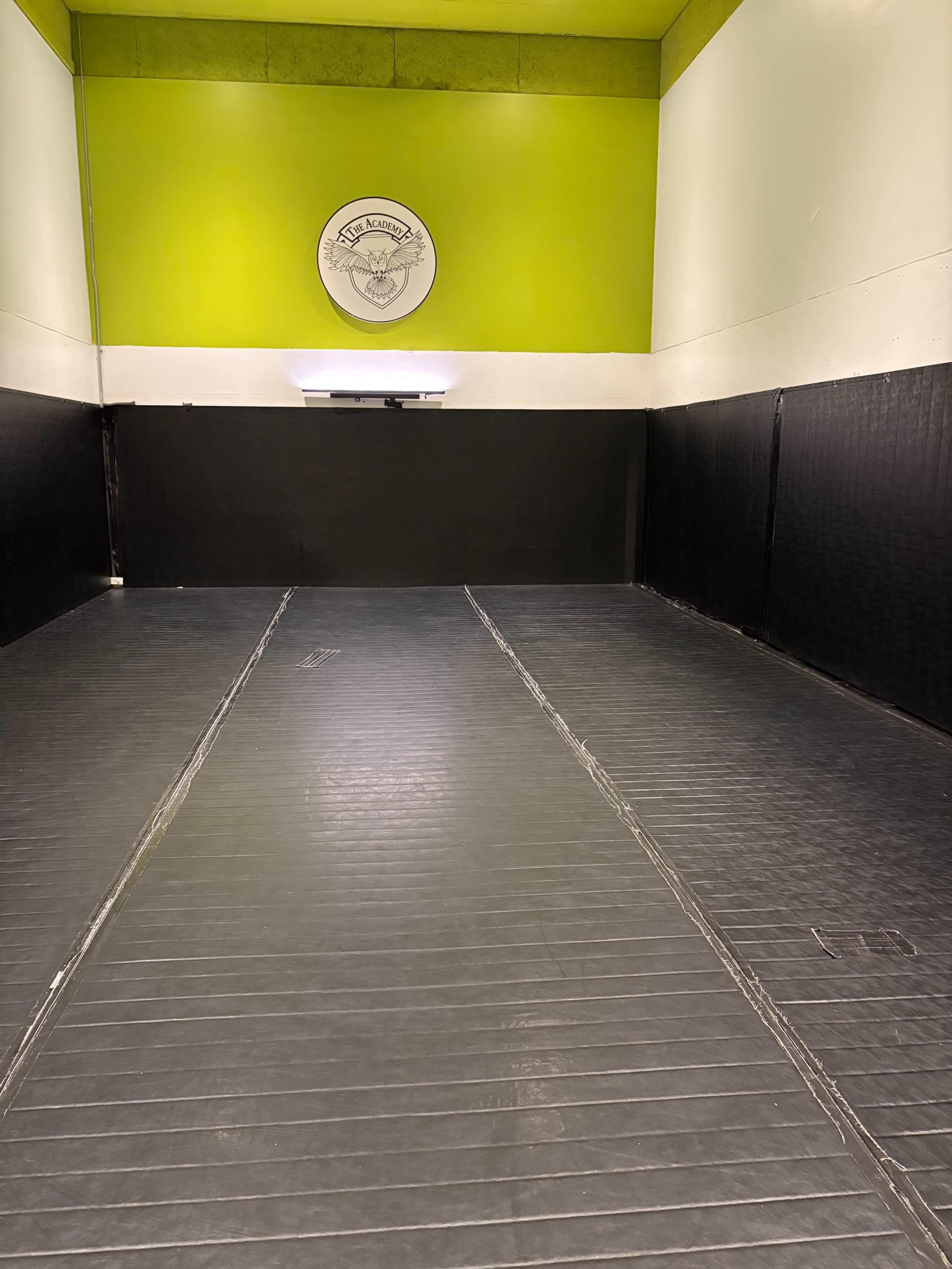 The image shows a spacious, empty training room featuring a black floor mat and a circular logo on the wall with a green accent above it.