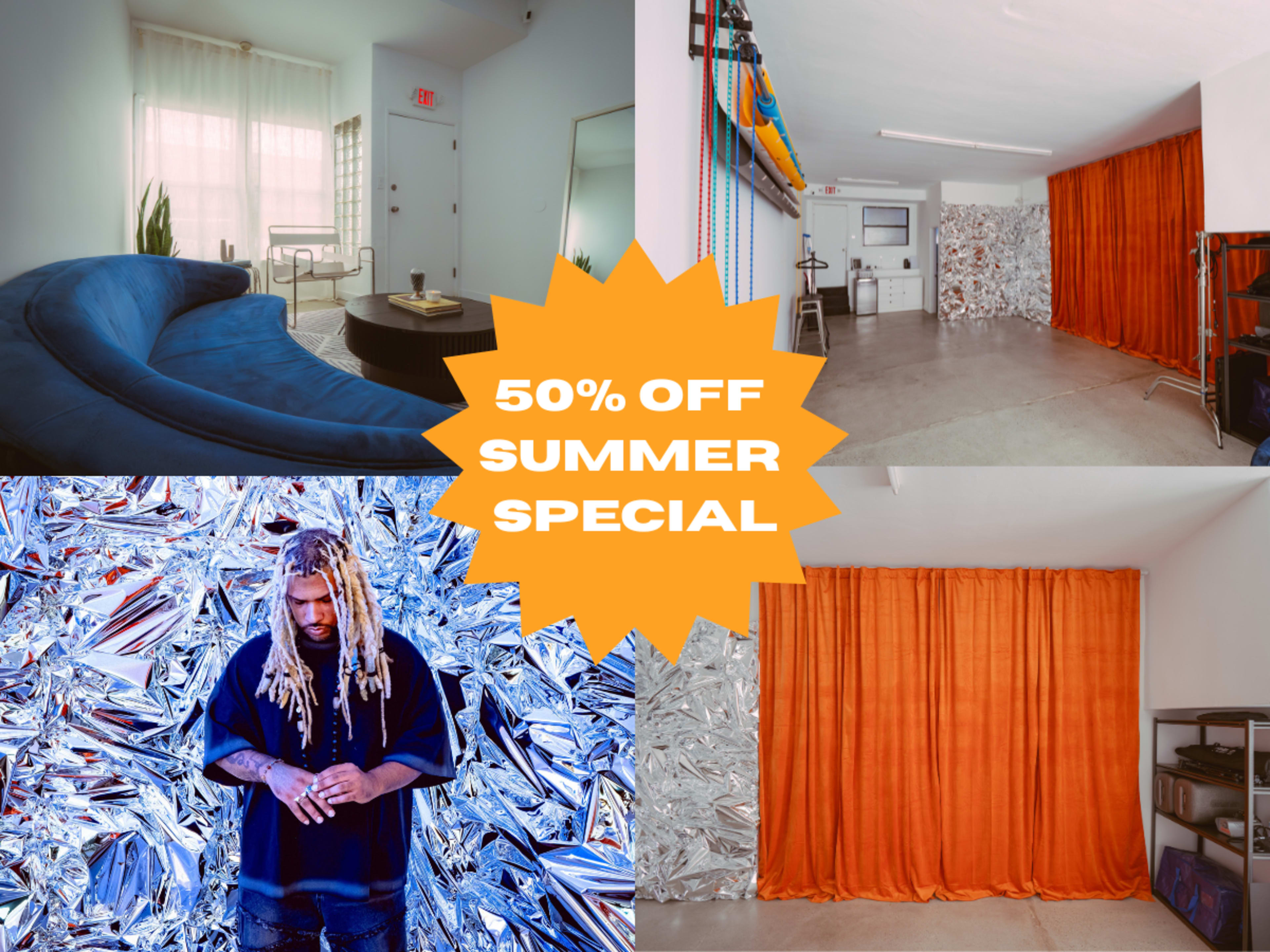 The image features four sections: a cozy, bright living space with a blue couch, an interior with orange curtains and a silver metallic wall, a figure with long hair in front of a blue and silver background, and a room displaying a closed curtain with a reflective wall.