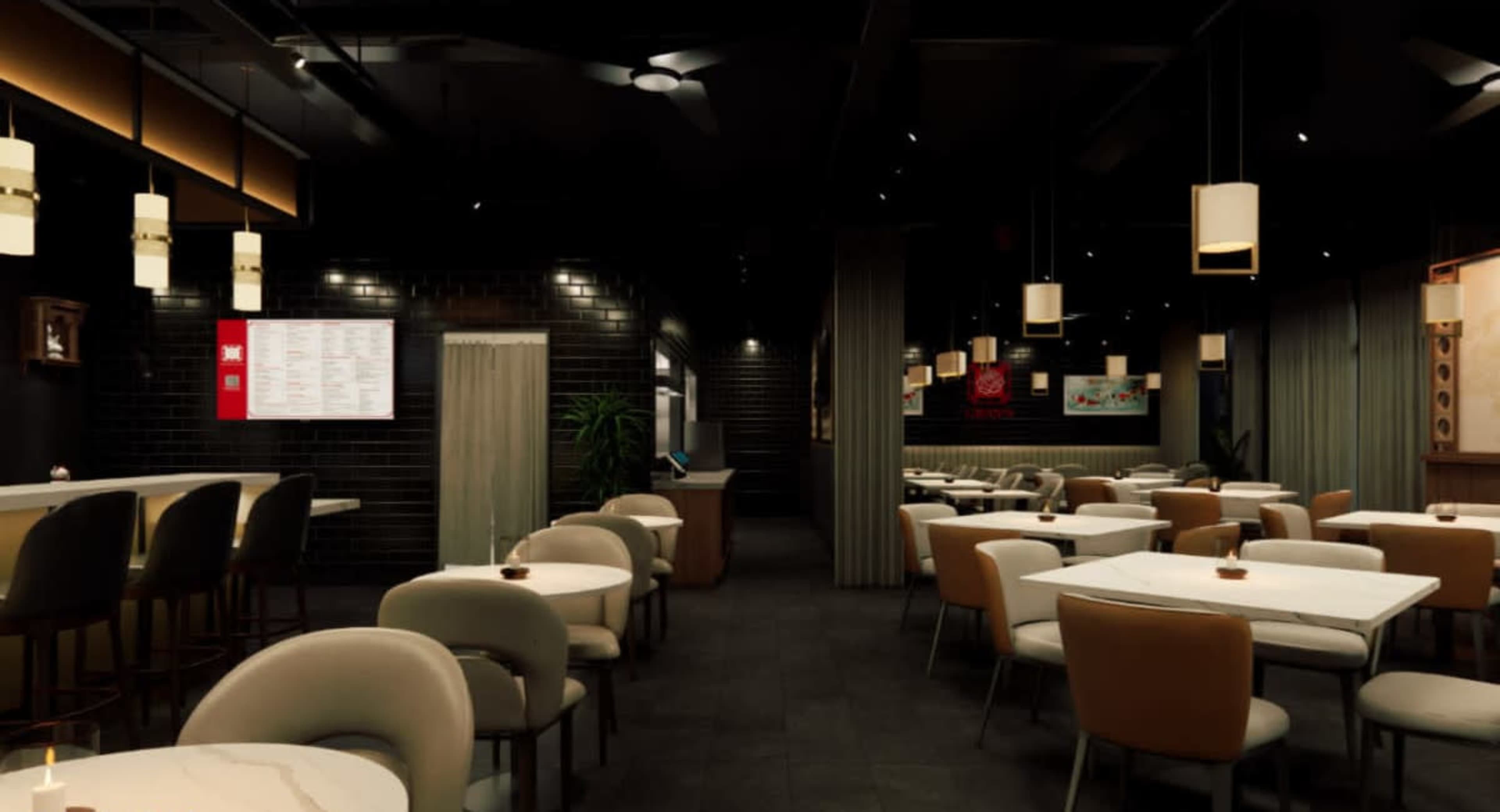 The image shows a modern restaurant interior with round tables, upholstered chairs, and dim lighting, featuring a bar area in the background.
