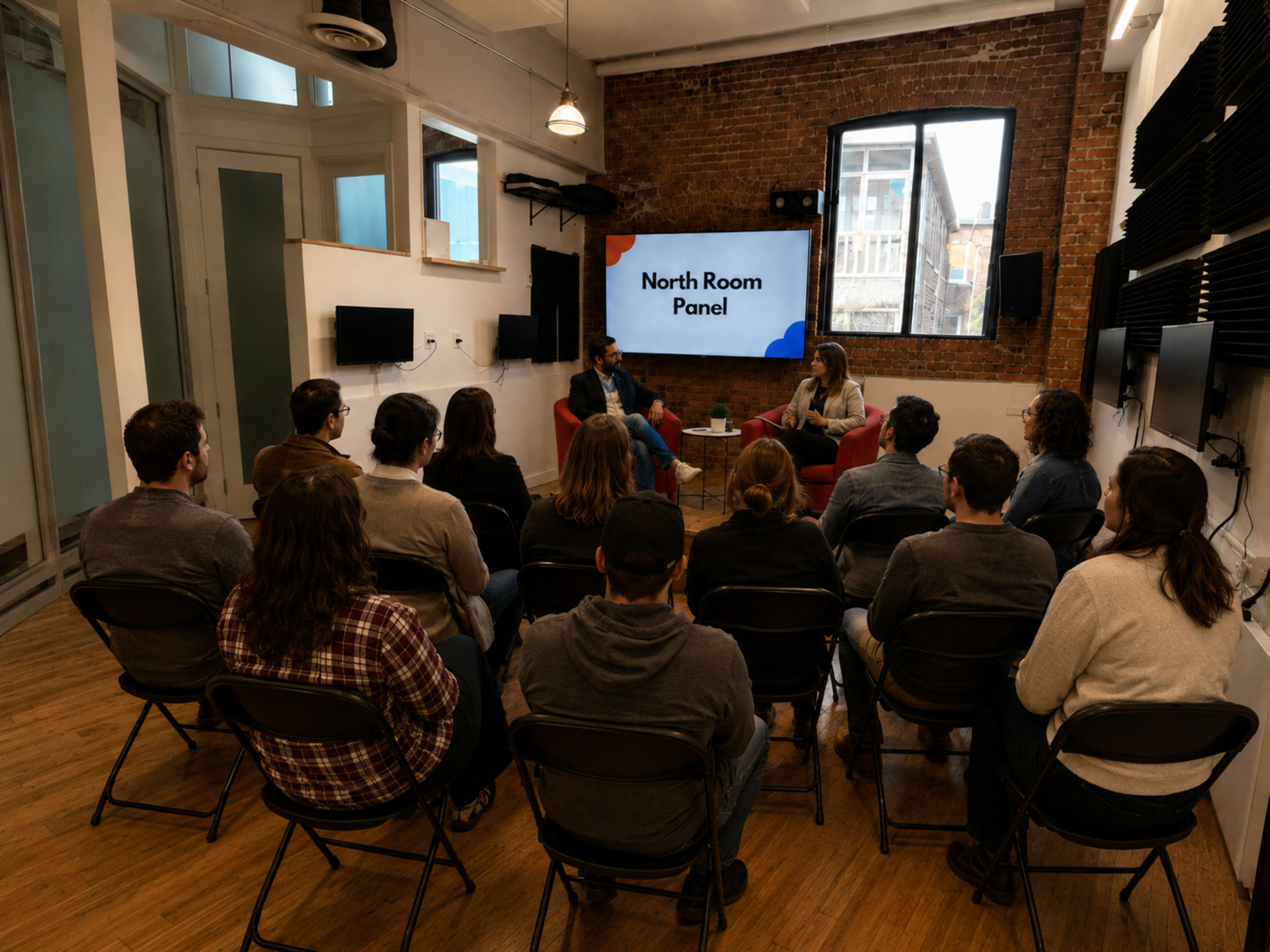 A group of people sits in chairs facing a panel discussion taking place in a modern room with brick walls and a large screen displaying "North Room Panel."