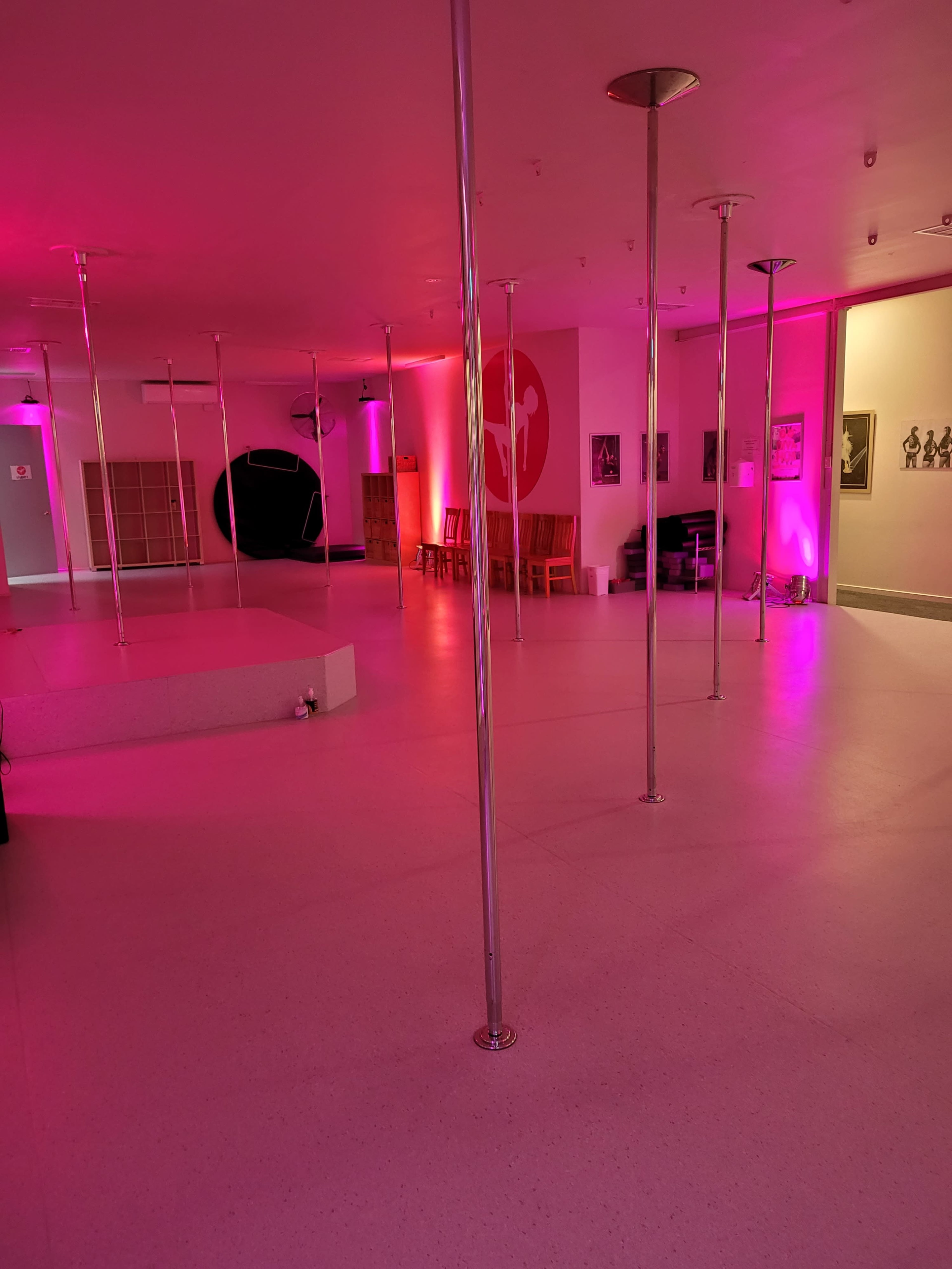 An empty dance studio with multiple metallic poles and pink ambient lighting.