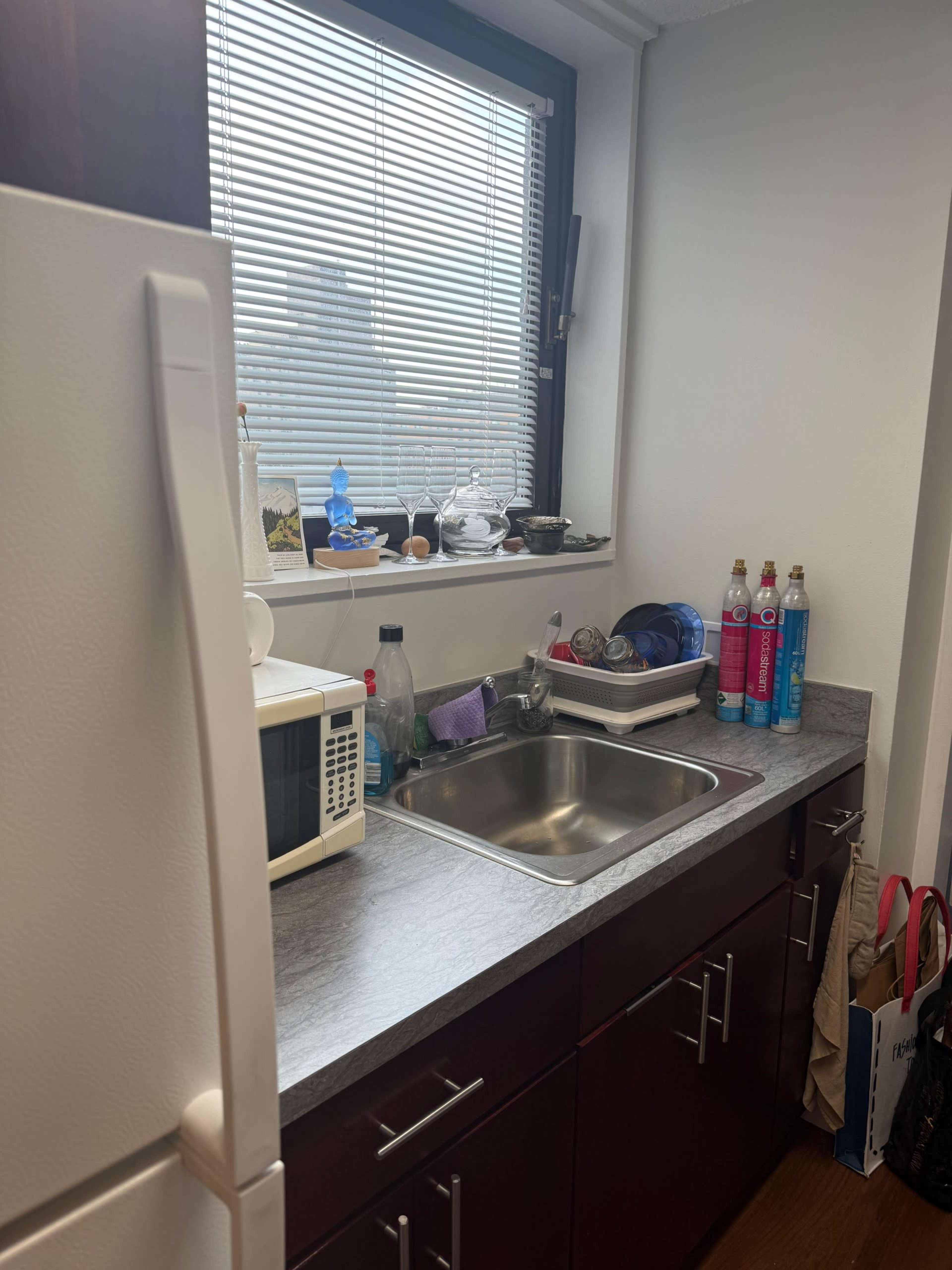 The image shows a small kitchen space featuring a sink, a microwave, various bottles, and dishes on the countertop, with a window allowing natural light in.