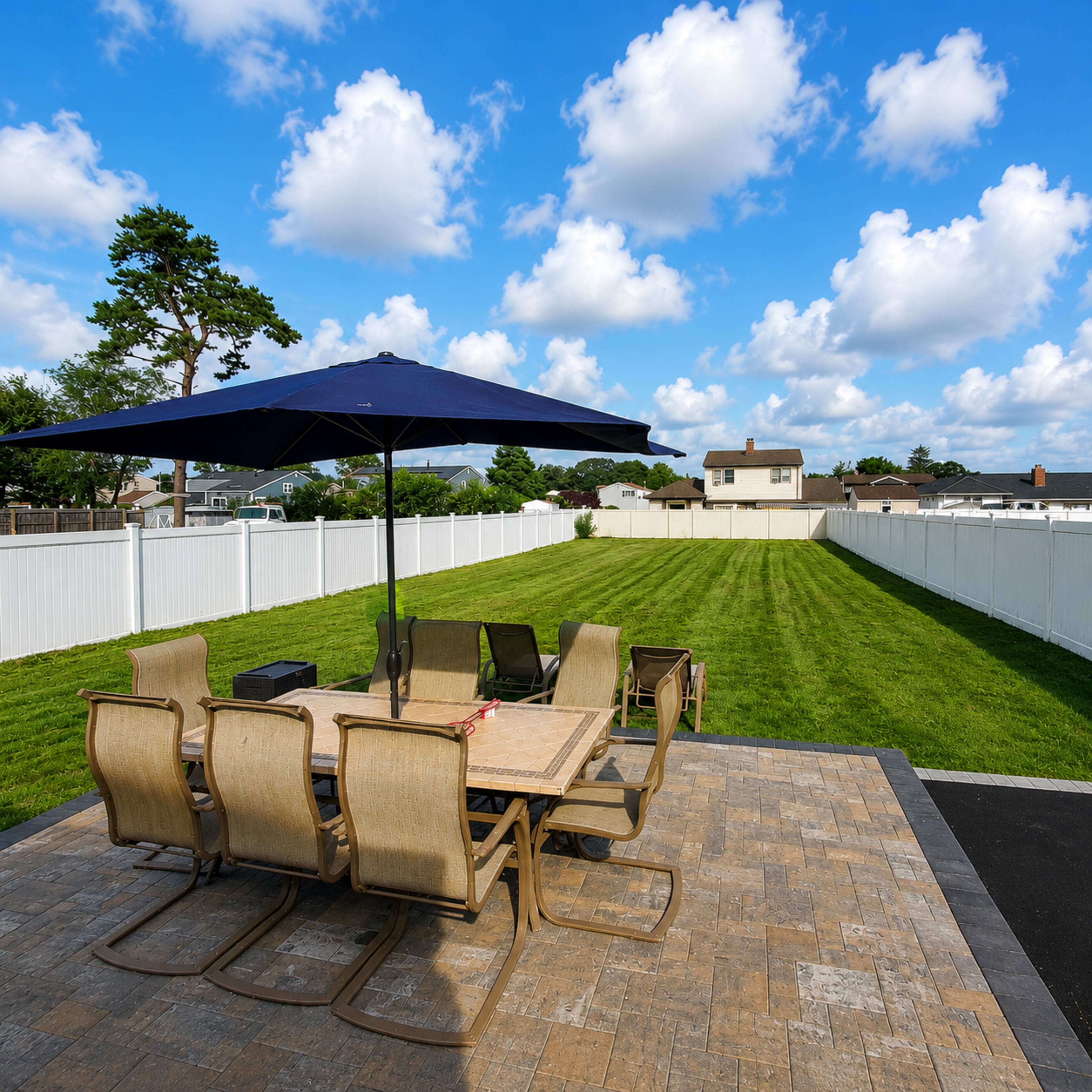 The image shows a patio area with a dining table and chairs, shaded by a large umbrella, overlooking a spacious grassy yard enclosed by a white fence under a partly cloudy blue sky.