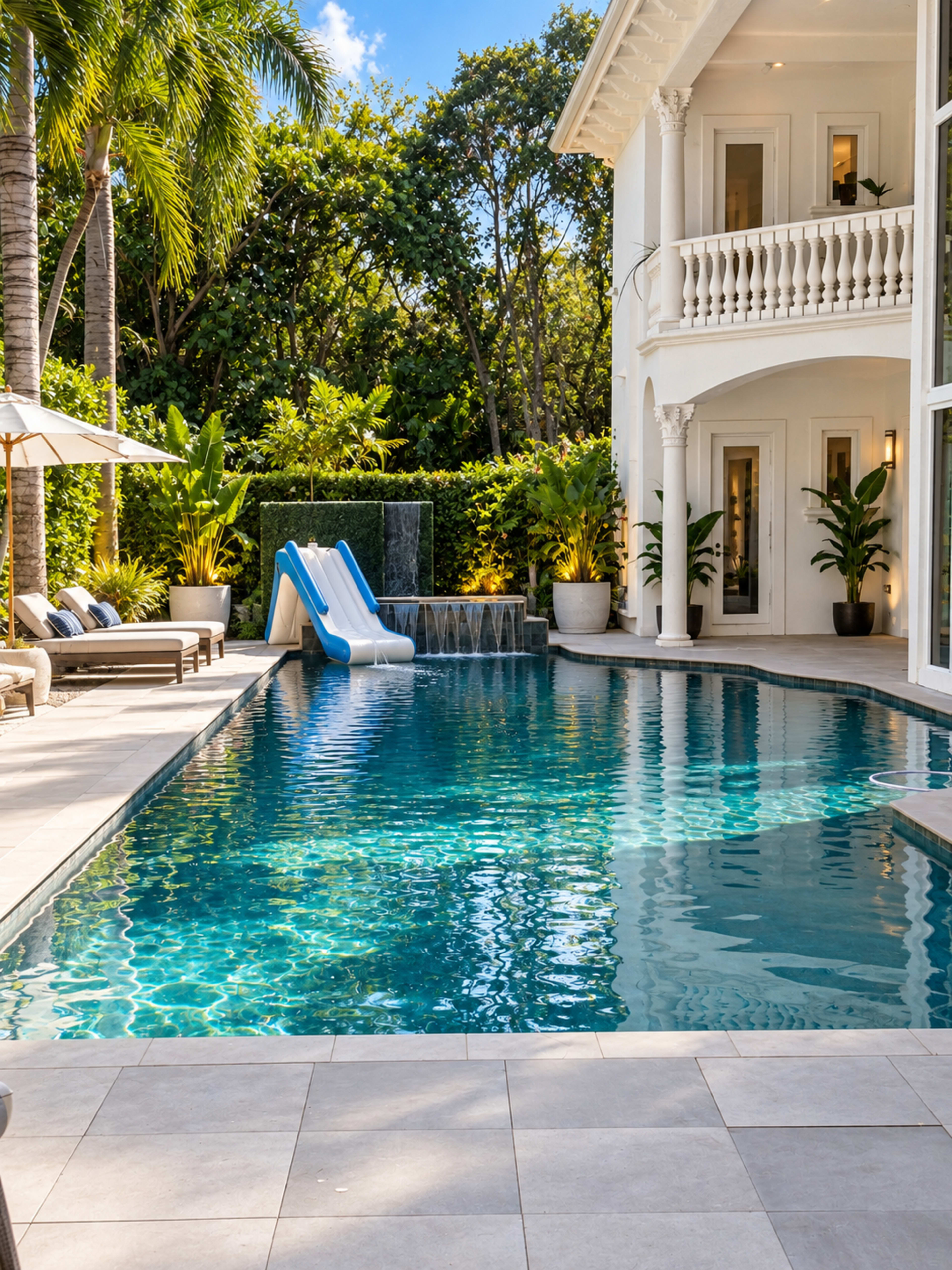 The image shows a luxurious backyard with a swimming pool featuring a water slide, surrounded by palm trees and lush greenery, adjacent to a modern white house.