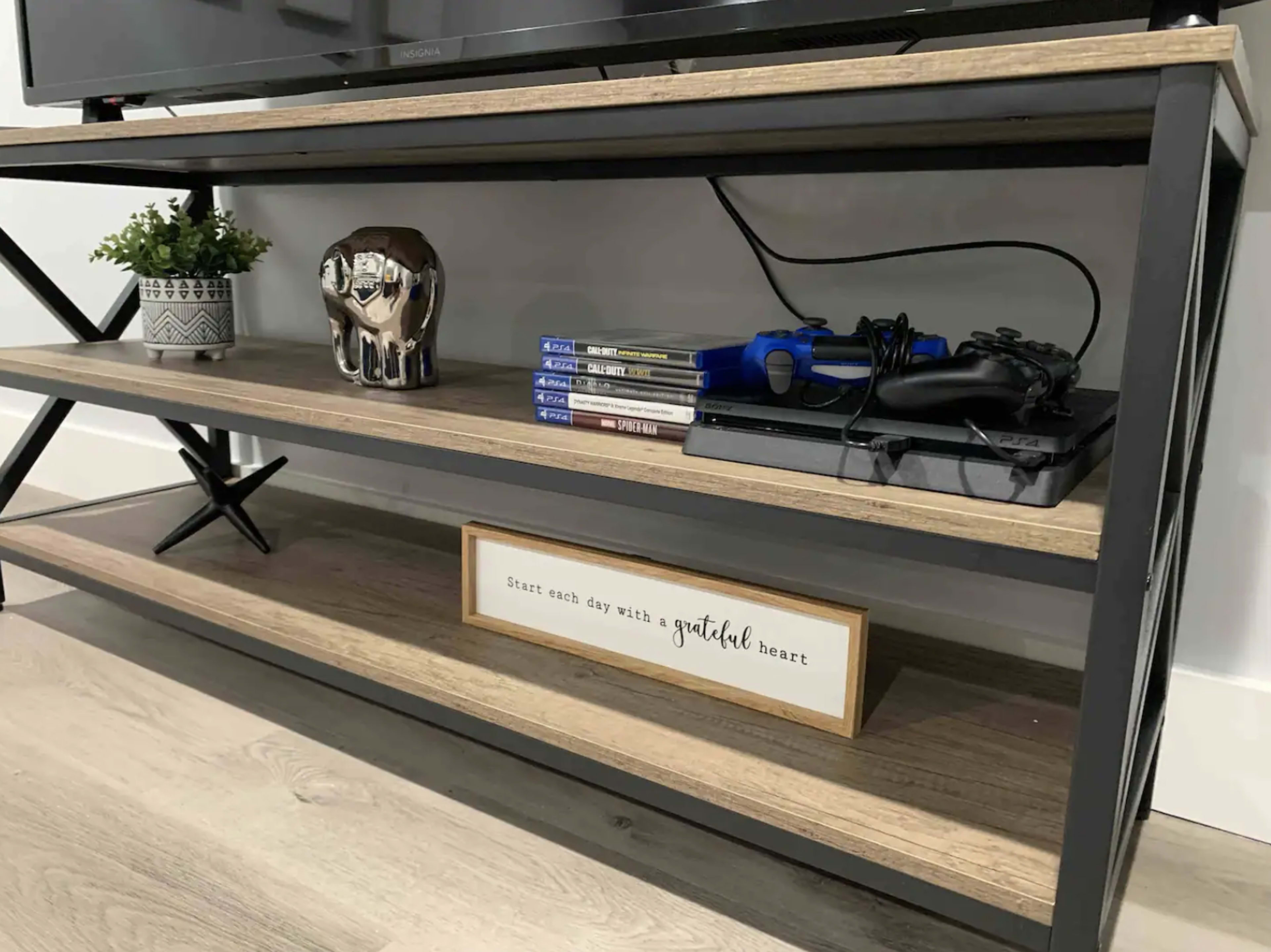 A TV stand displays a decorative skull, a potted plant, several video game cases, a gaming controller, and a sign reading "Start each day with a grateful heart."