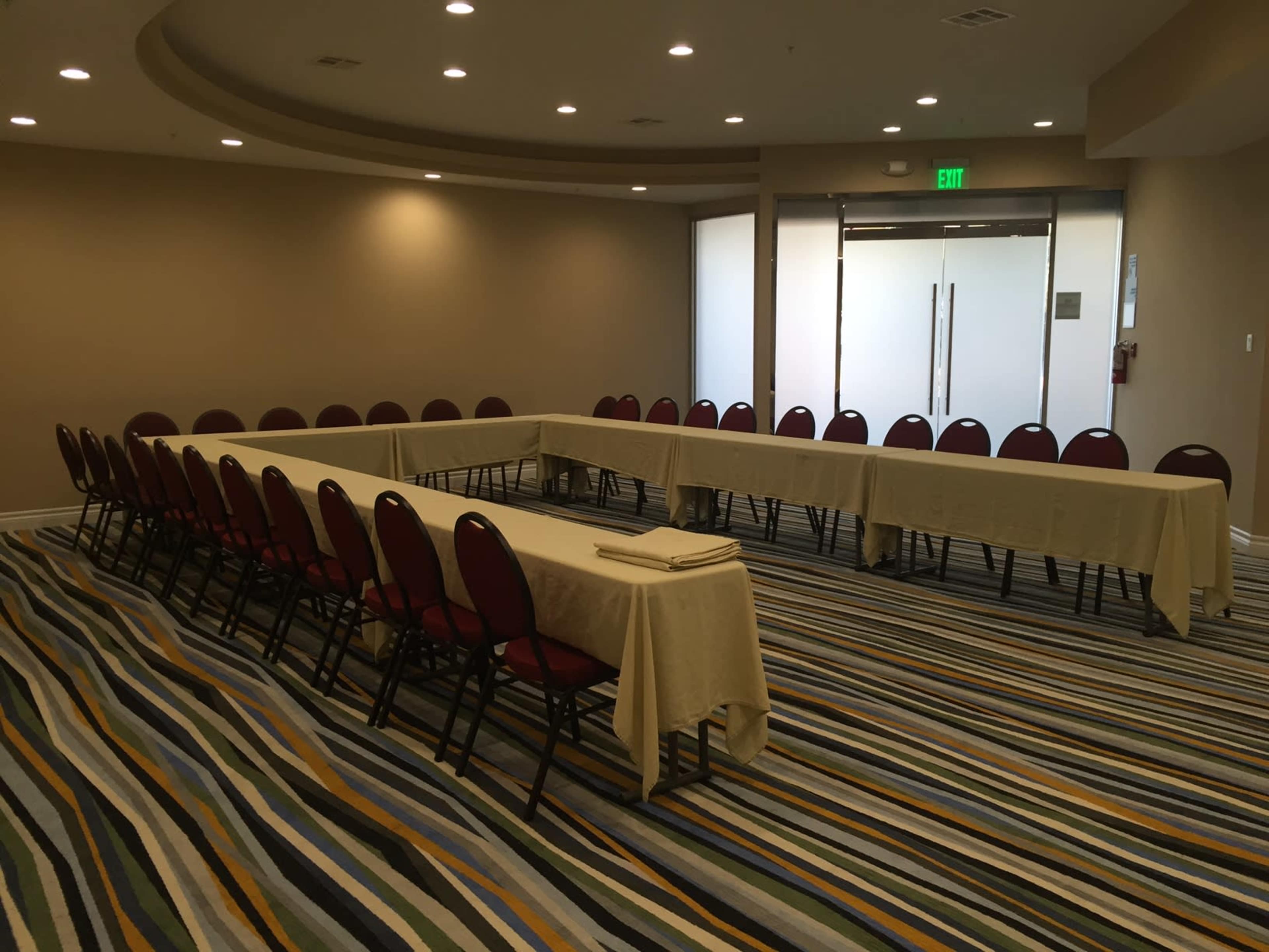 A conference room is set up with a large rectangular table surrounded by chairs and has gray and colorful striped carpeting.