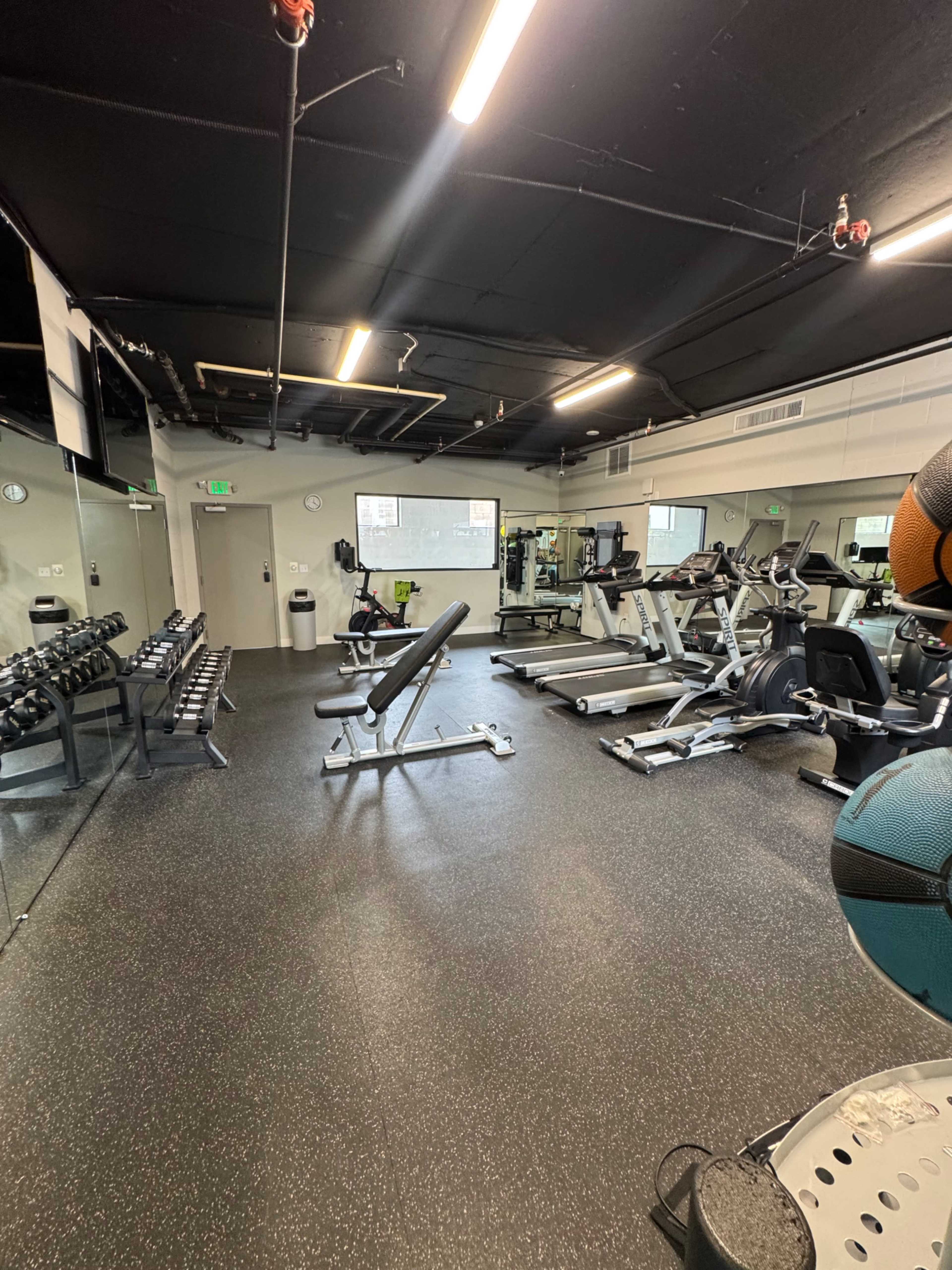 The image shows a spacious gym interior with various exercise equipment, including free weights, benches, and cardio machines, all arranged neatly on a rubber floor.