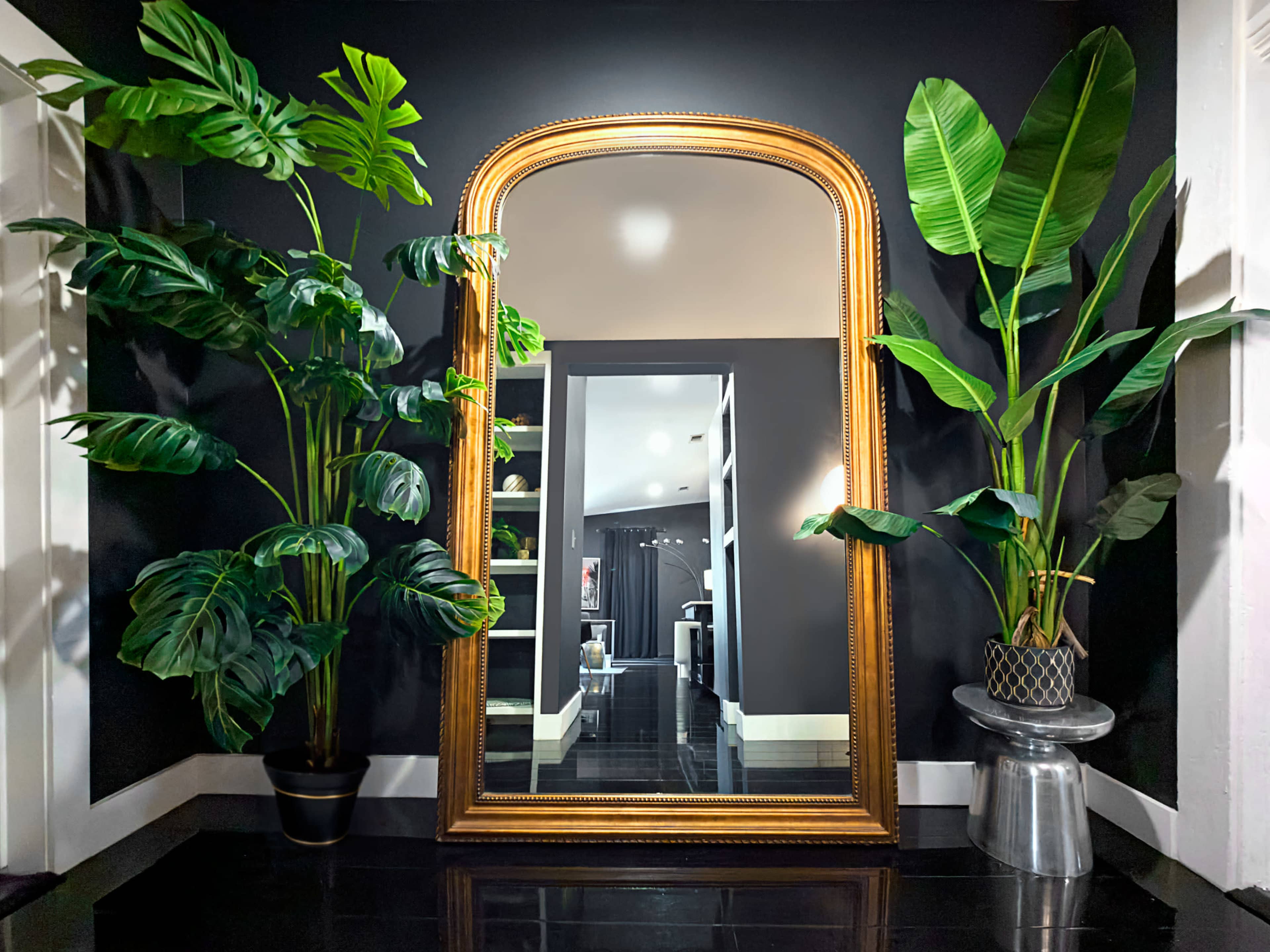 A large ornate mirror is framed in gold and reflects a dark room with plants on either side, set against a black wall.
