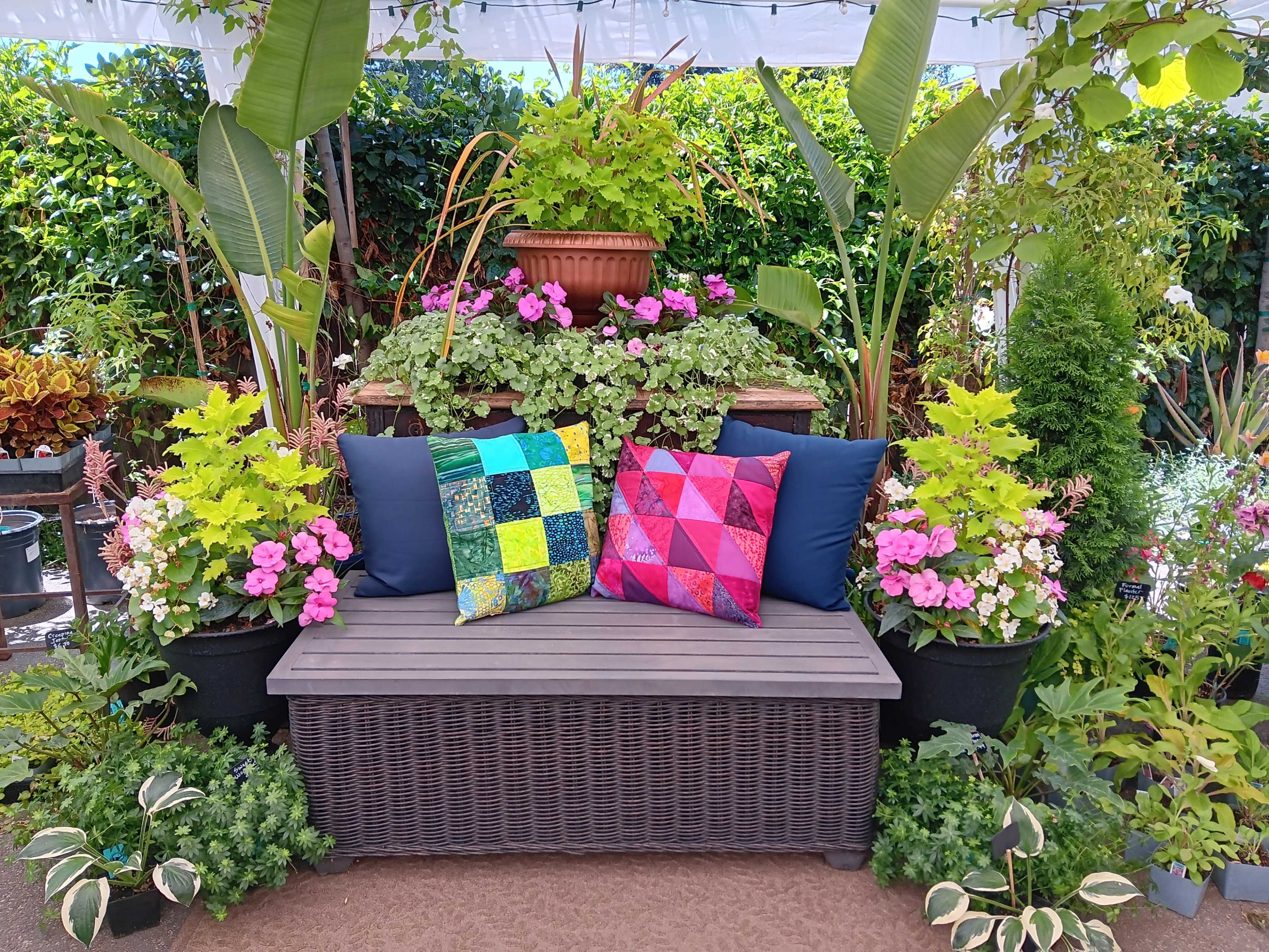A wooden bench with colorful cushions is surrounded by potted plants and flowers in a vibrant garden setting.