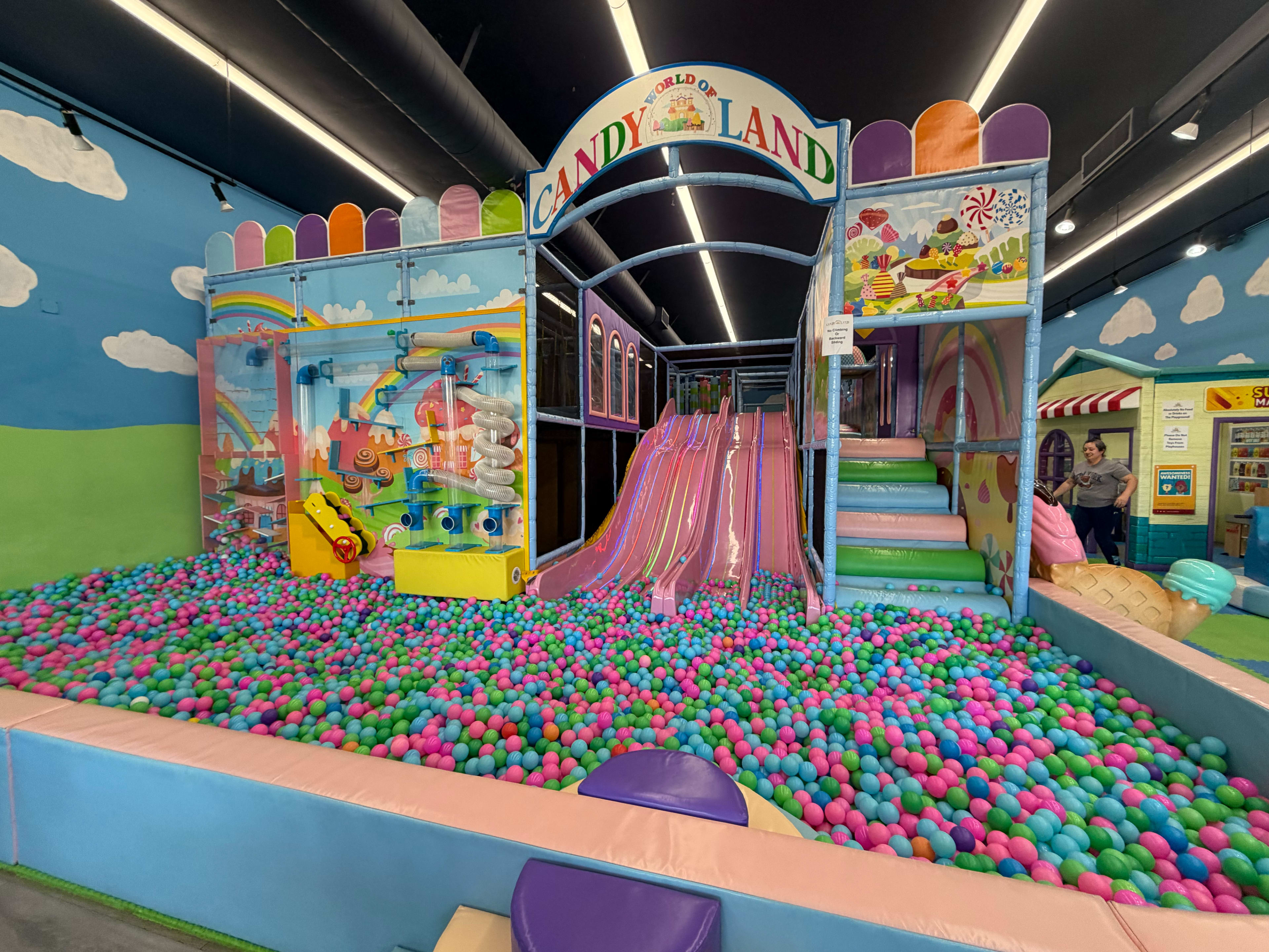 The image shows an indoor play area called "Candy Land" featuring colorful slides, a ball pit filled with brightly colored balls, and a whimsical candy-themed design.