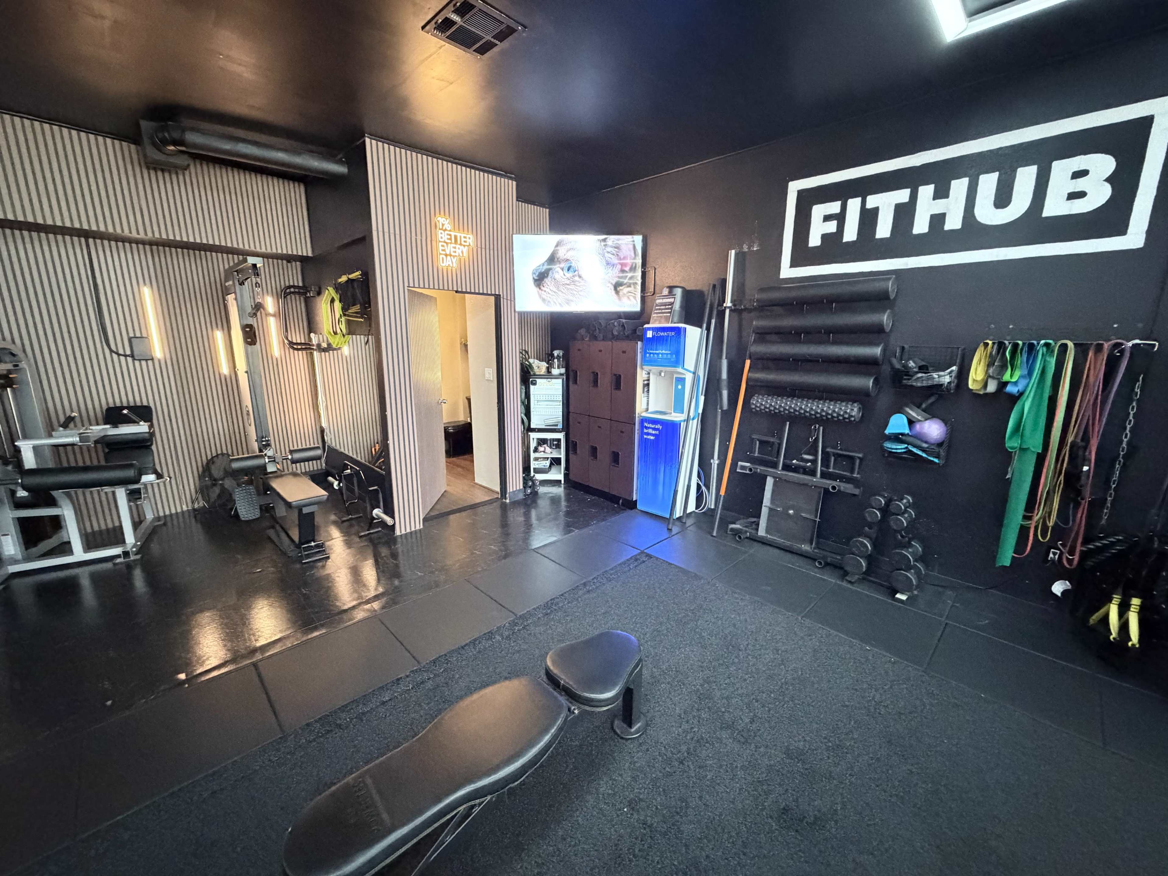 The image shows a fitness studio named "FITHUB," equipped with various workout machines, free weights, and exercise equipment, with a television mounted on the wall displaying content.