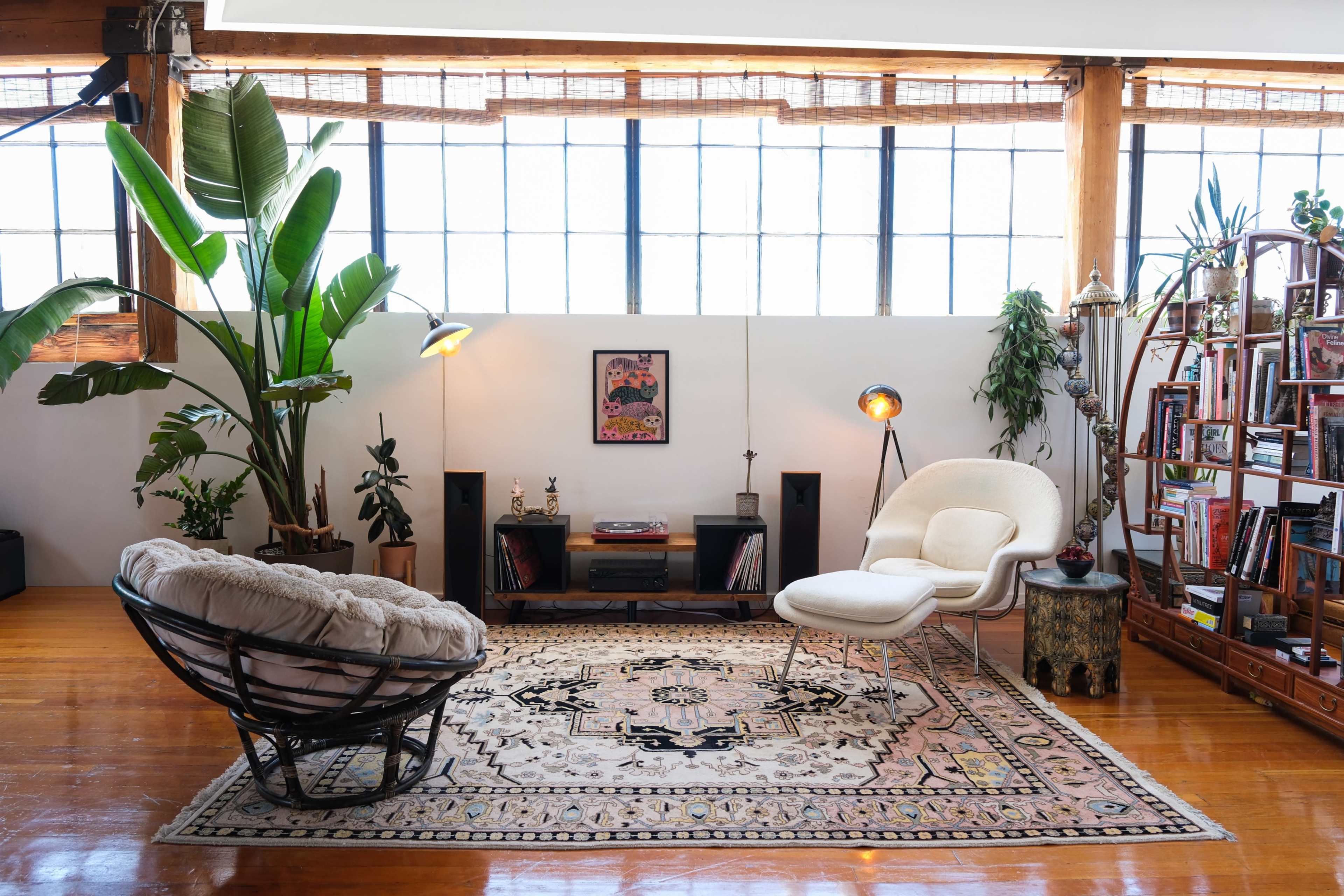 The image features a cozy living room arrangement with a large plant, two distinct seating options, a decorative rug, and a bookshelf filled with various books.