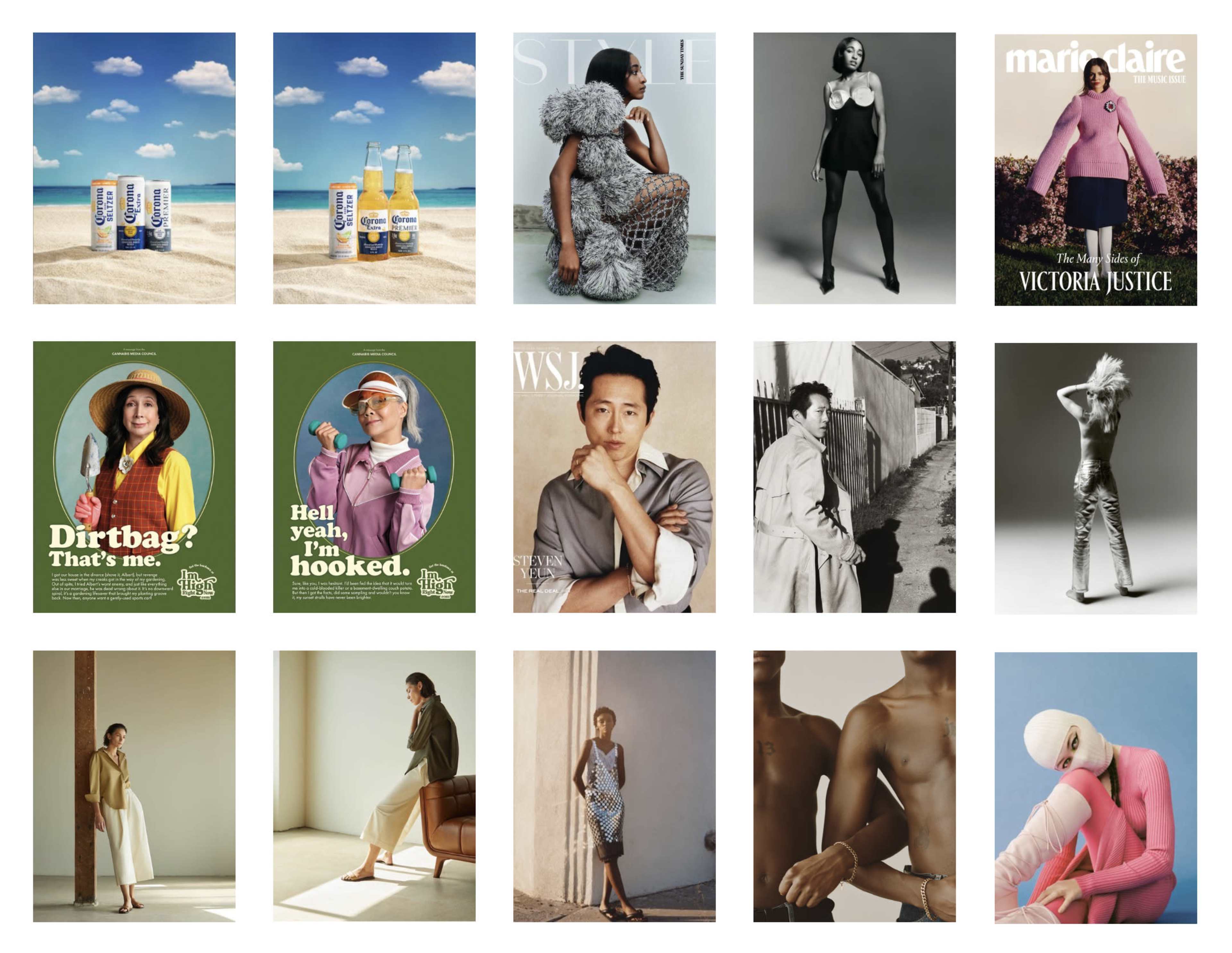 A collage featuring various magazine covers, portraits, and promotional images of individuals and products against simple backgrounds.