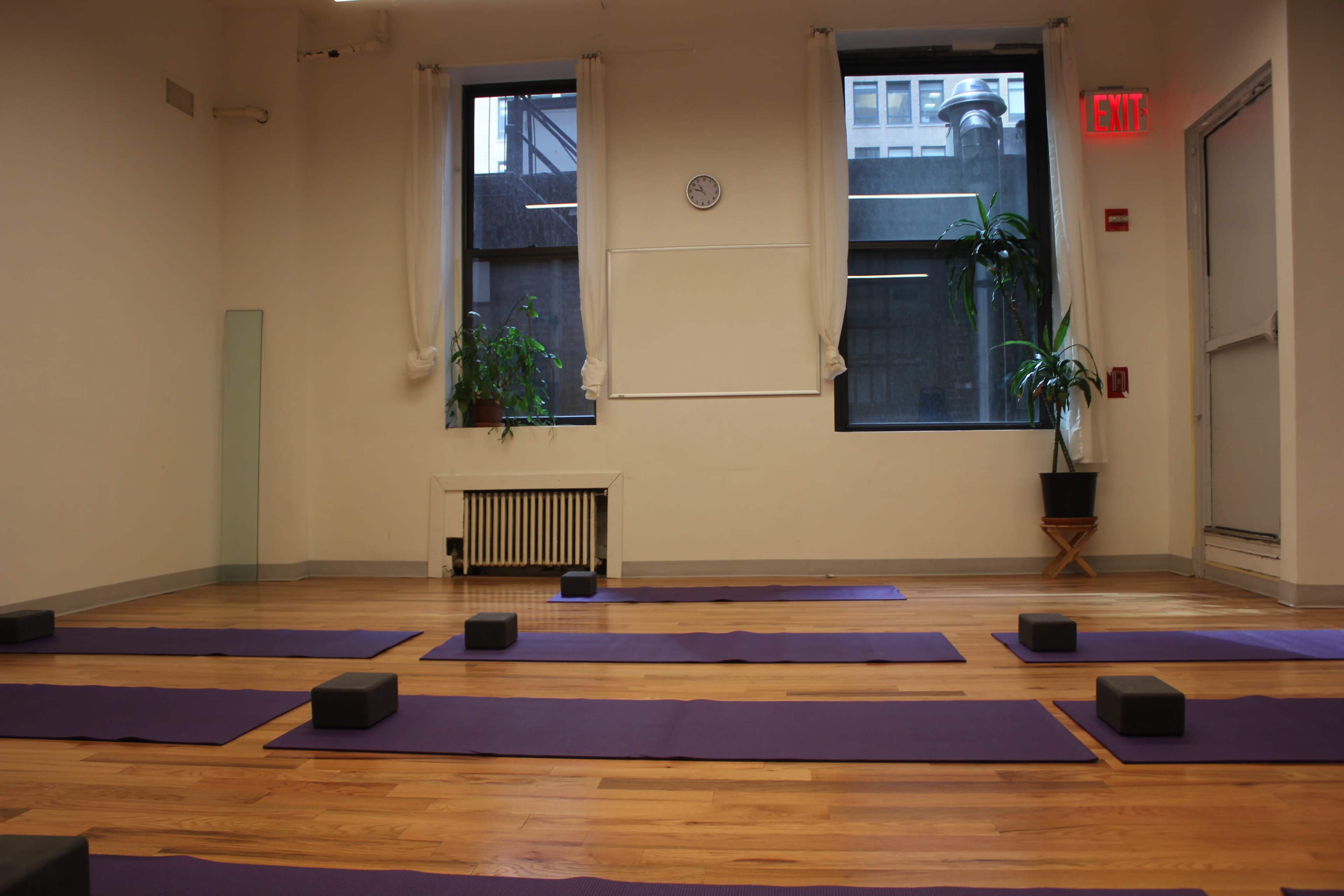 A yoga studio with purple mats laid out in rows and black yoga blocks positioned on the mats, under large windows that allow natural light to enter.