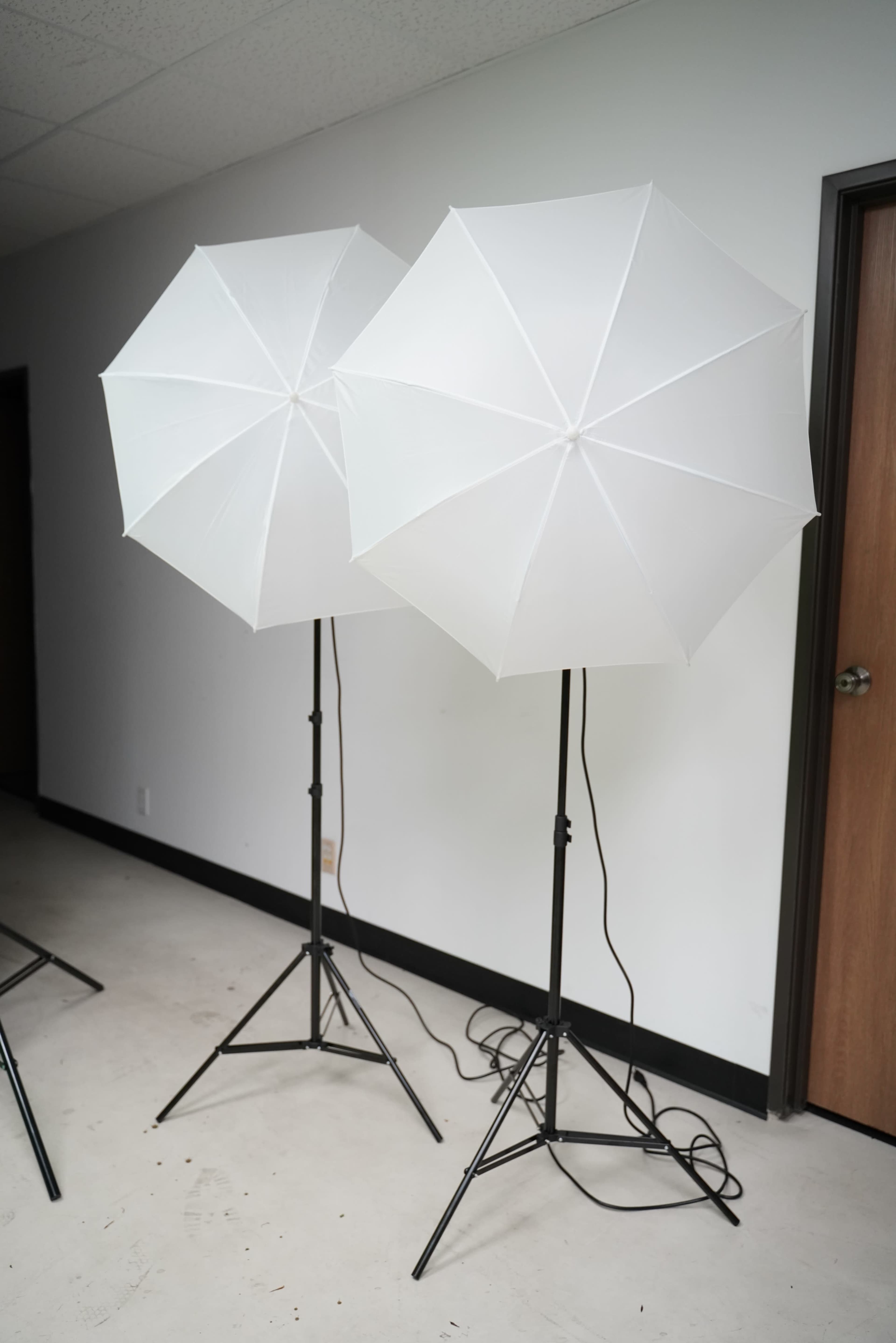 Two white umbrella softboxes are positioned on tripod stands in a well-lit room with a door in the background.