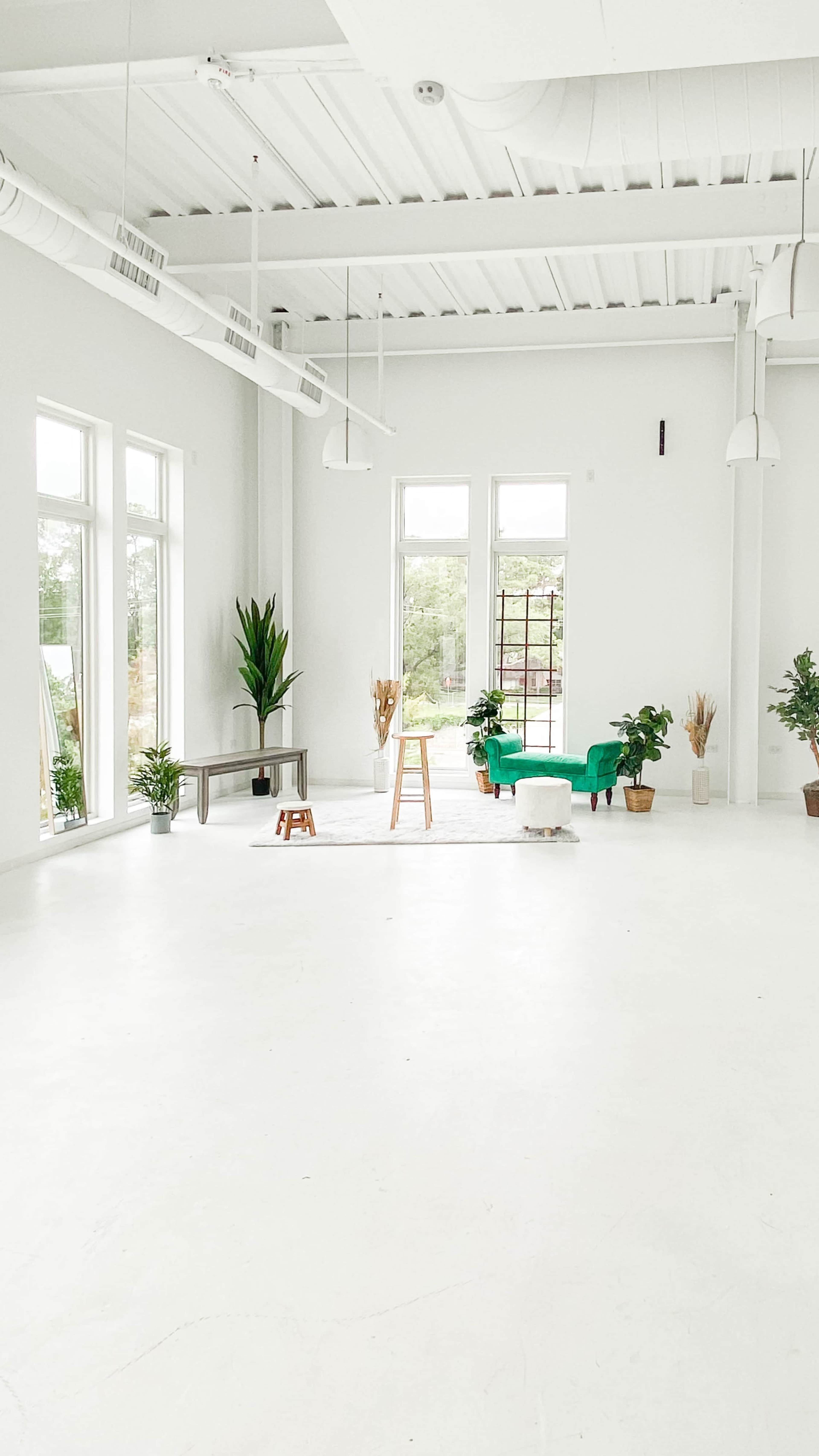 The image shows a spacious, bright room with large windows, plants, a stool, and minimalist furniture.