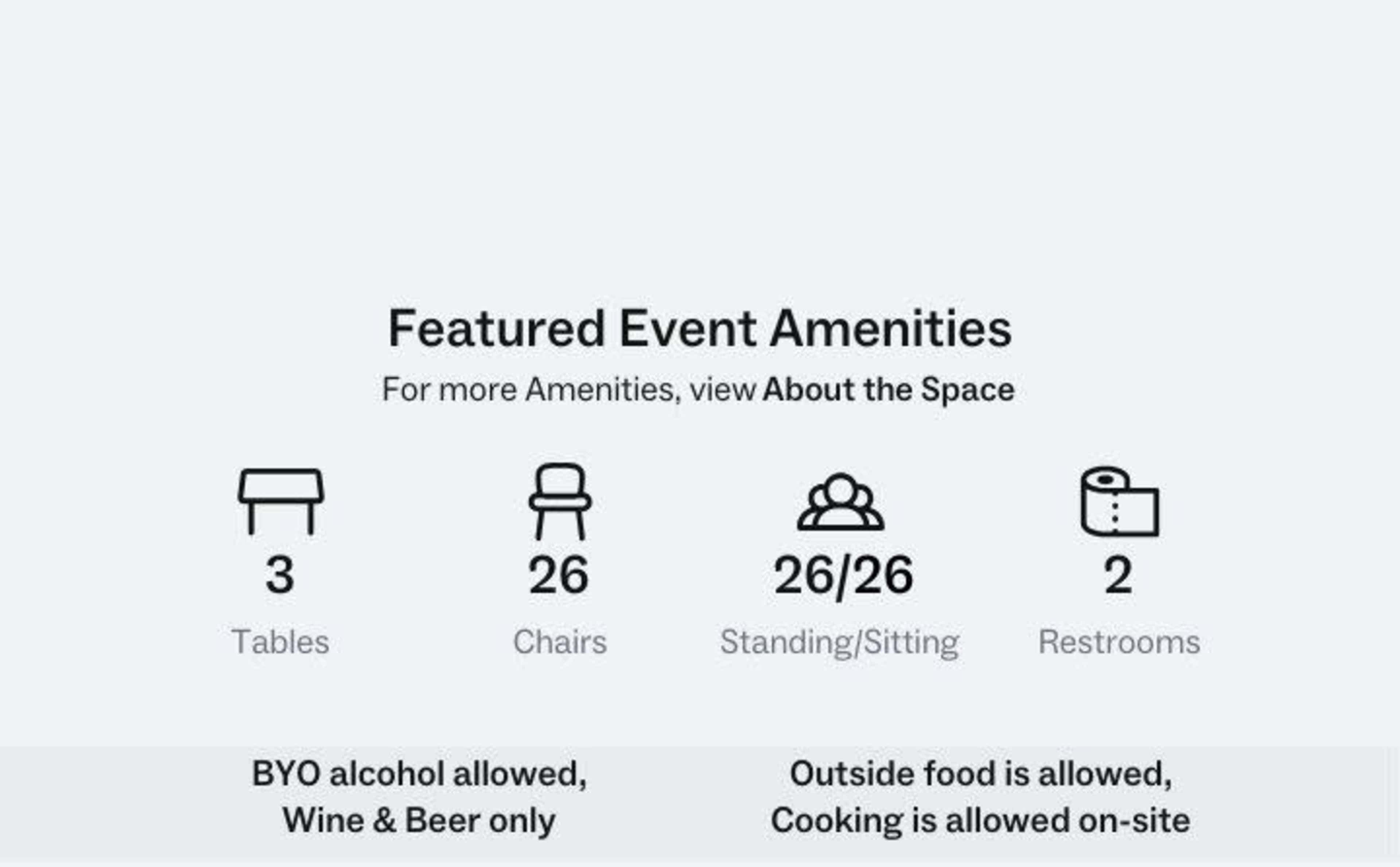 Information about event amenities, listing three tables, twenty-six chairs, standing and seating for twenty-six people, two restrooms, and guidelines for alcohol and food.