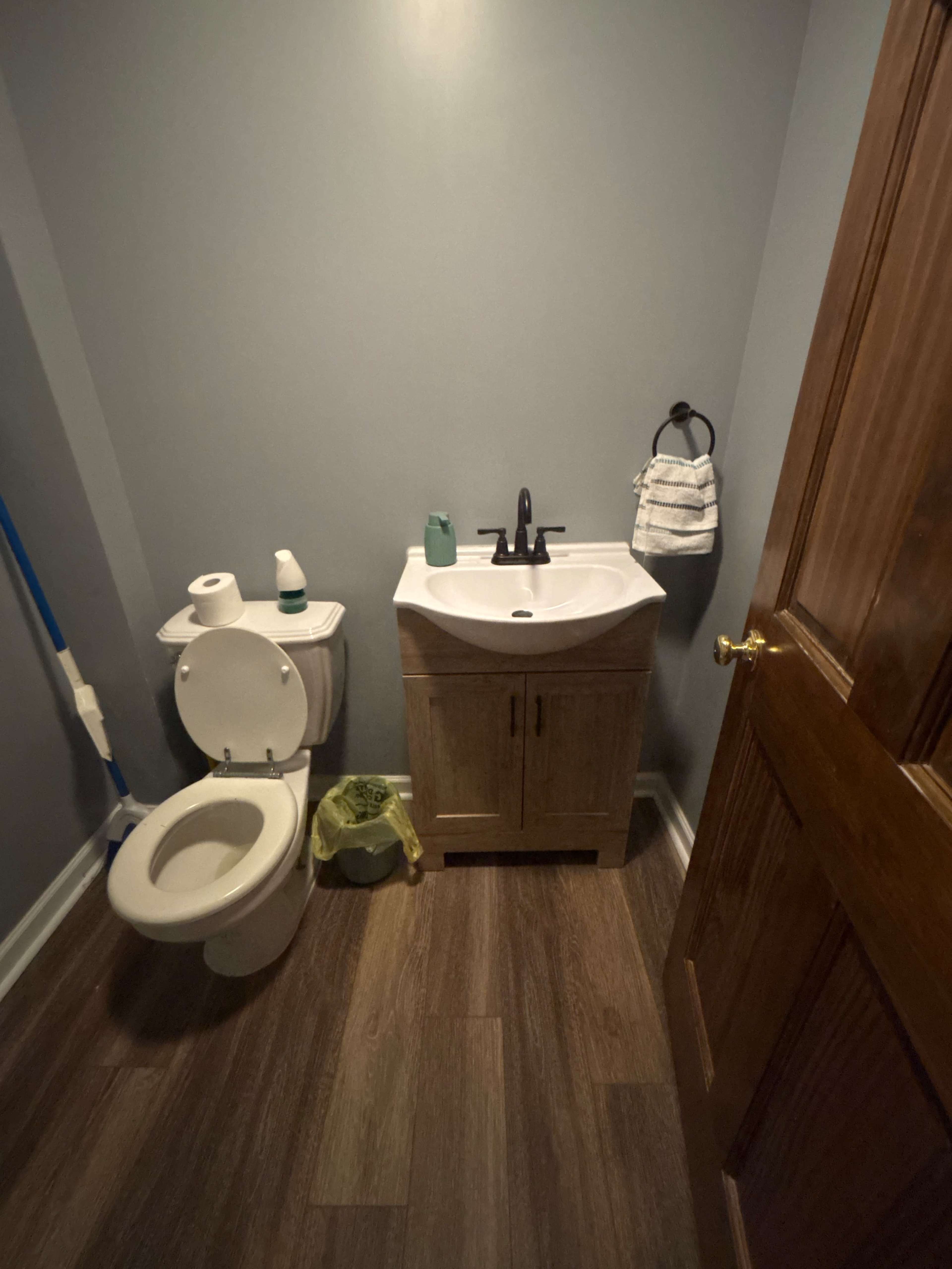 The image shows a small bathroom with a toilet, a sink with a cabinet underneath, and a door on the right side.