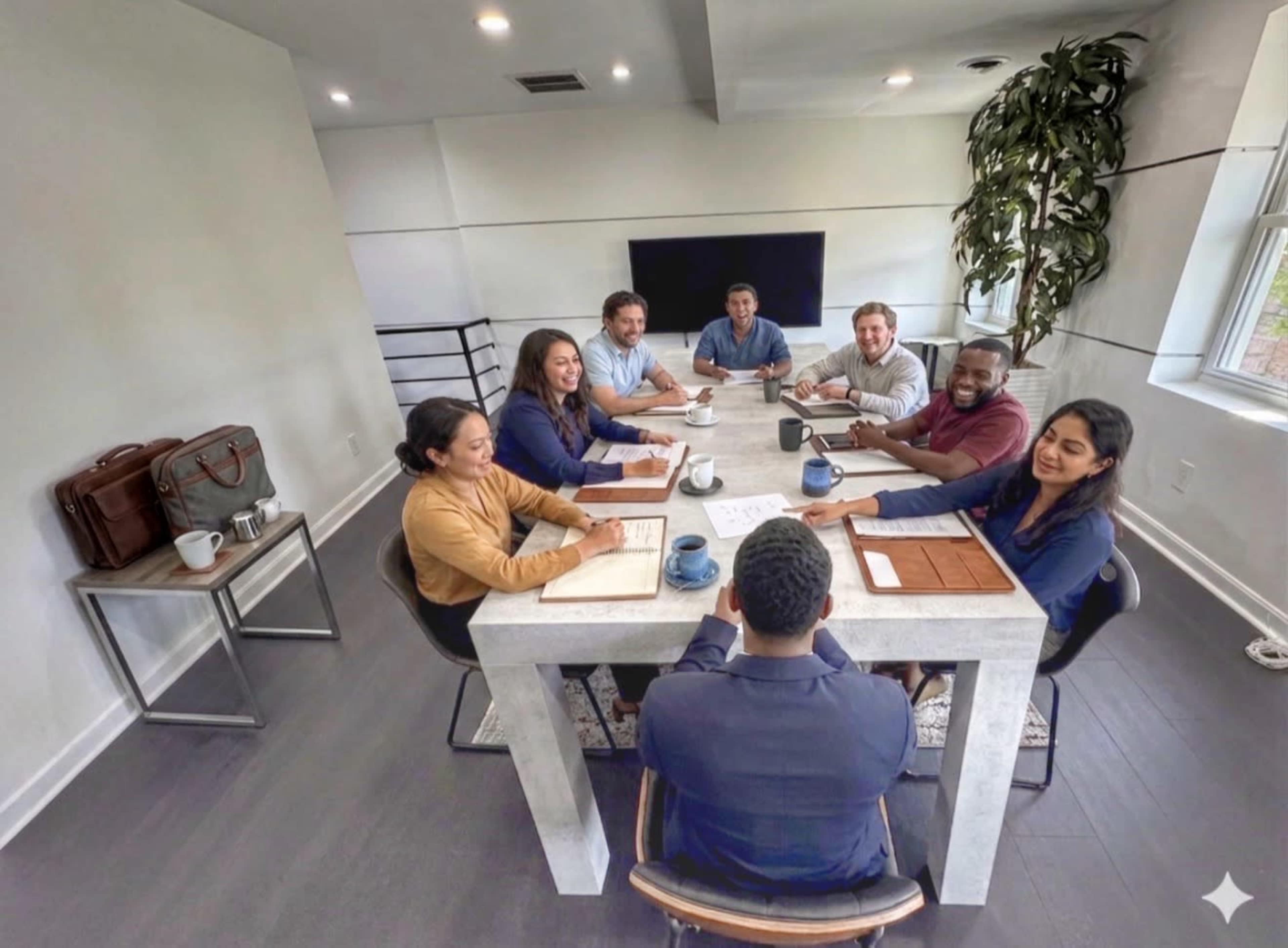 A group of eight people is seated around a table in a modern conference room, engaged in a discussion with documents and cups on the table.