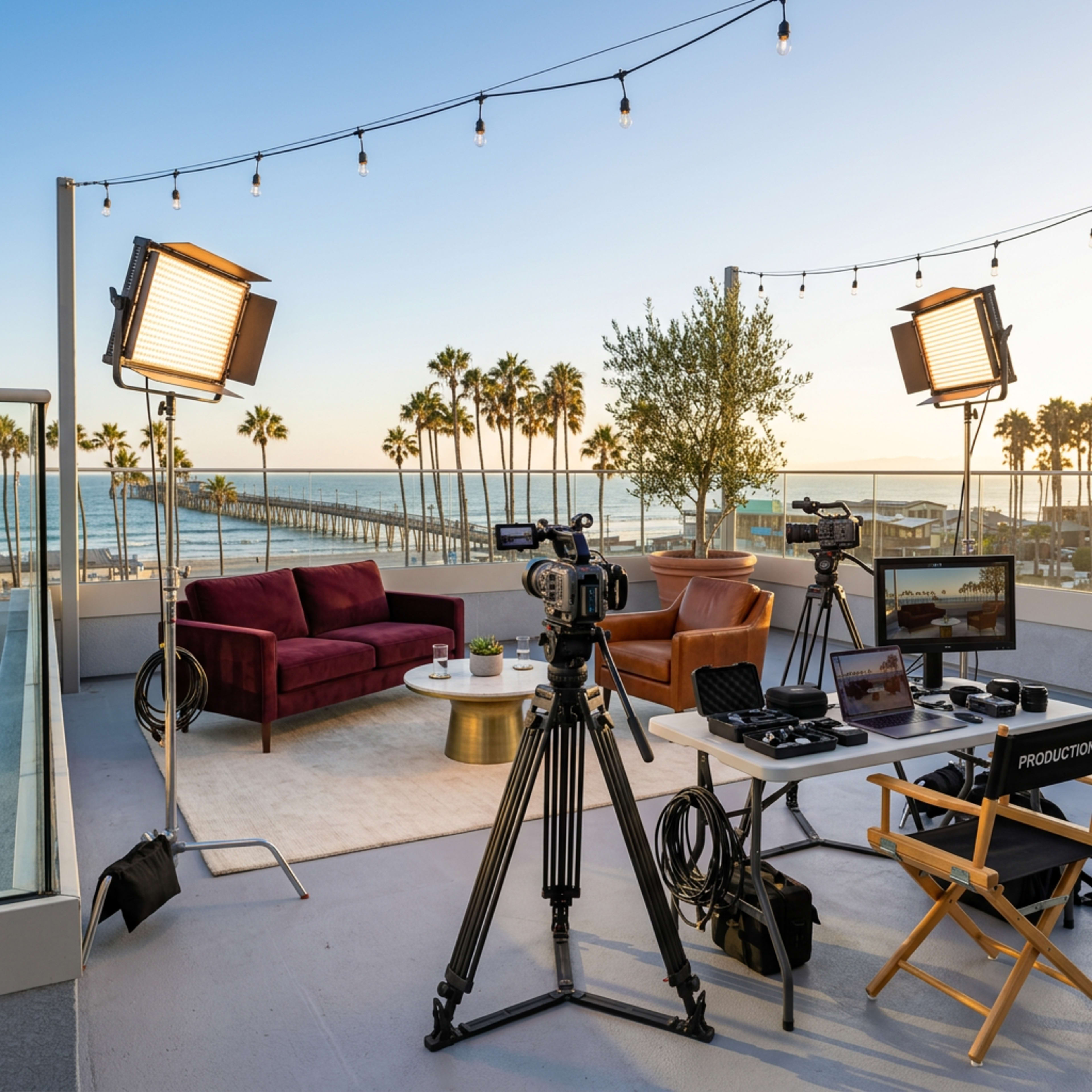A television production setup features cameras, lights, and a seating area on a balcony overlooking a beach with palm trees and a pier.