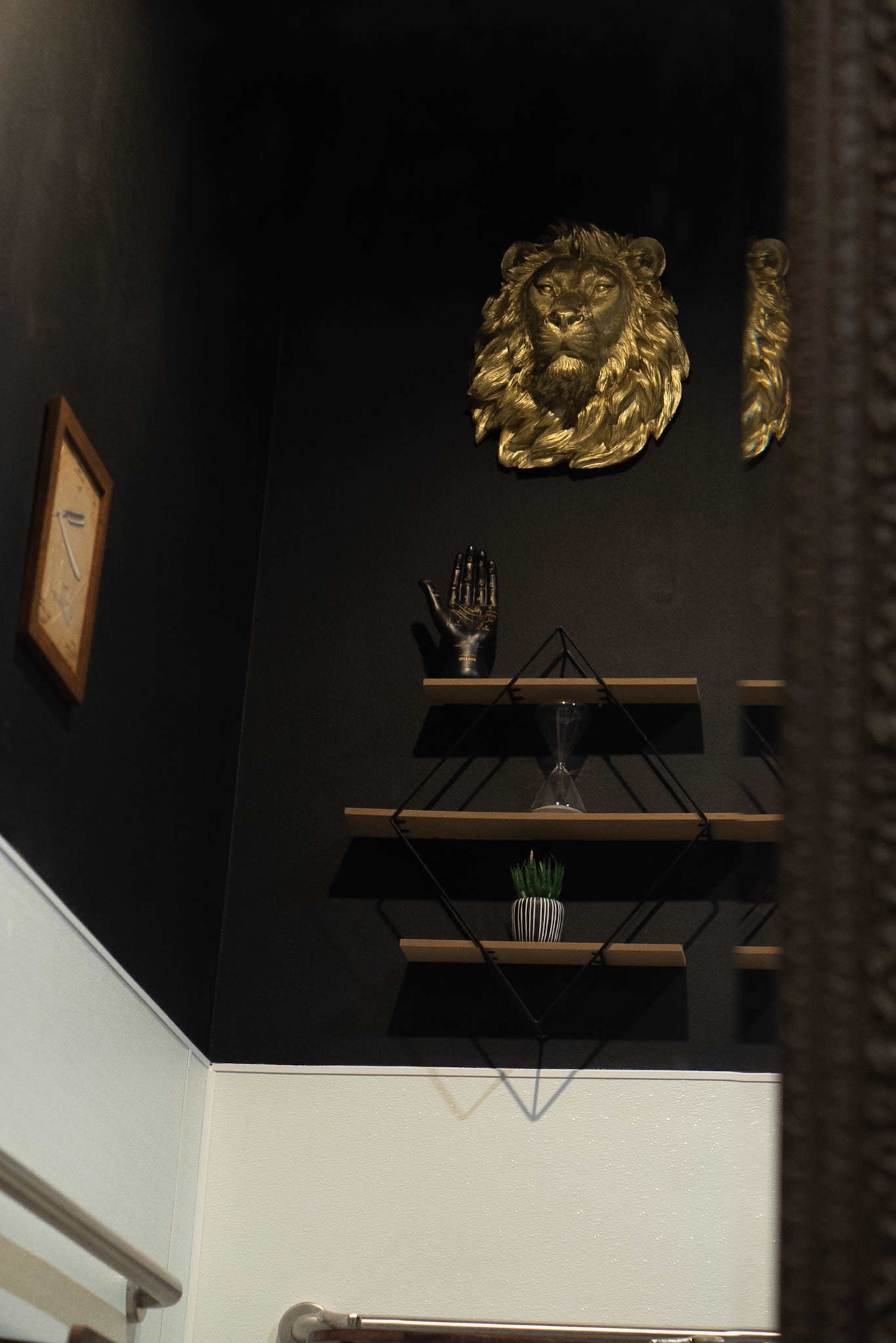 A corner of a room with black walls, featuring a lion's head wall decor, shelves holding a glass and a plant, and a framed clock on the wall.
