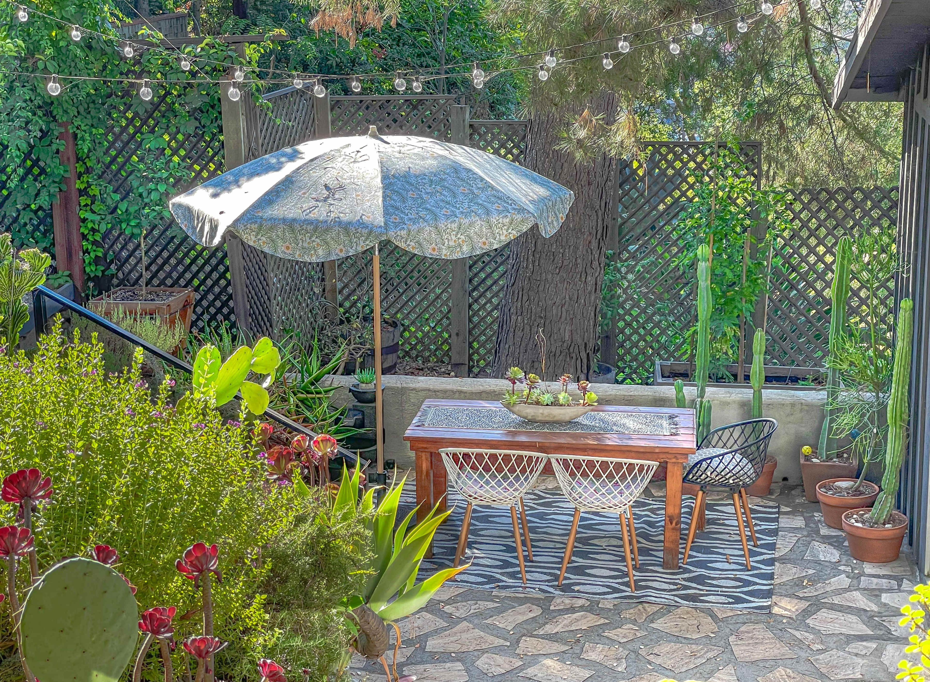 A patio area features a wooden table with four chairs beneath a large umbrella, surrounded by potted plants and decorative stones.