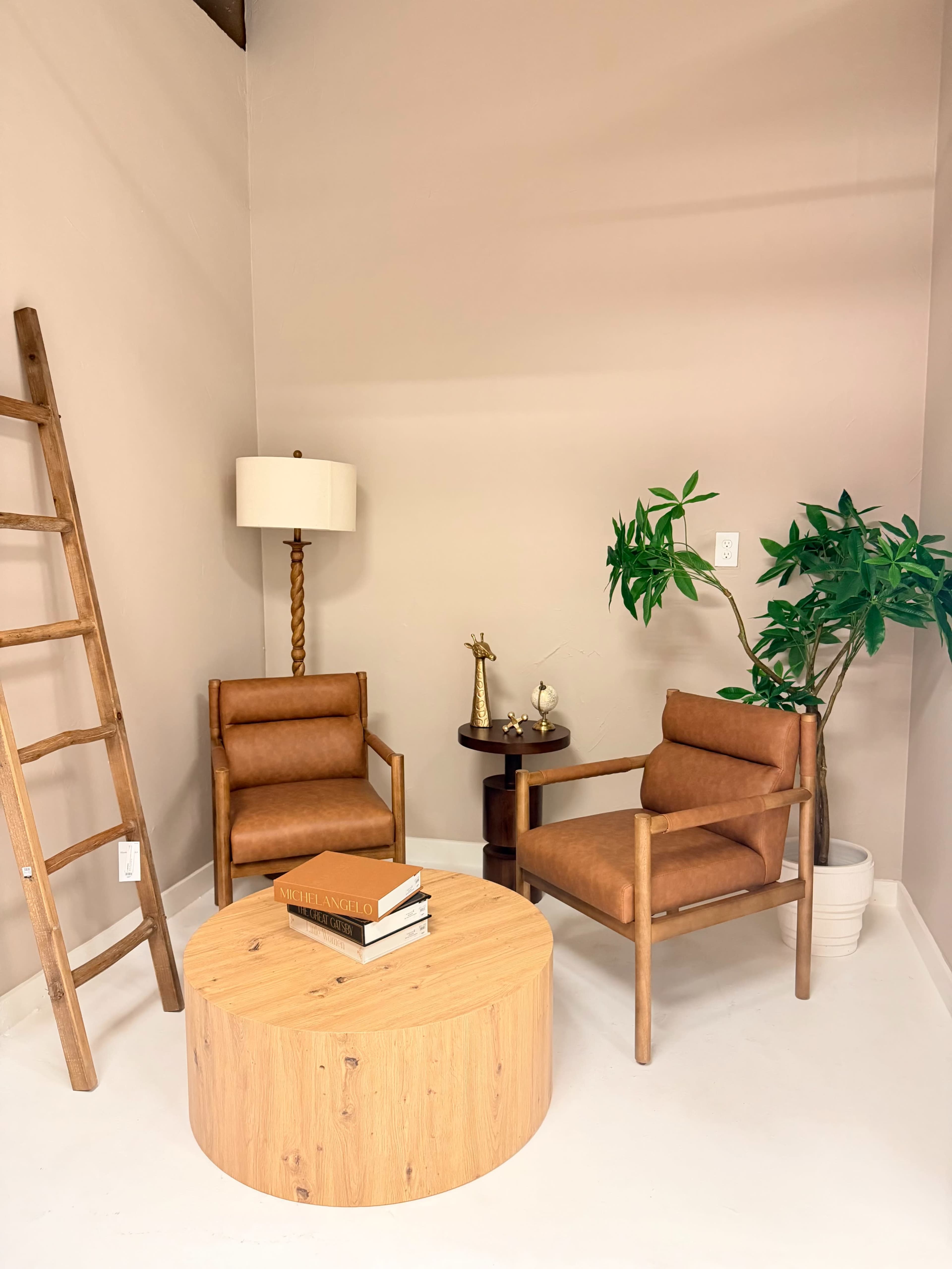 The image features a cozy interior setting with two brown upholstered chairs, a round wooden coffee table, a floor lamp, a small side table, and a potted plant against a light pink wall.