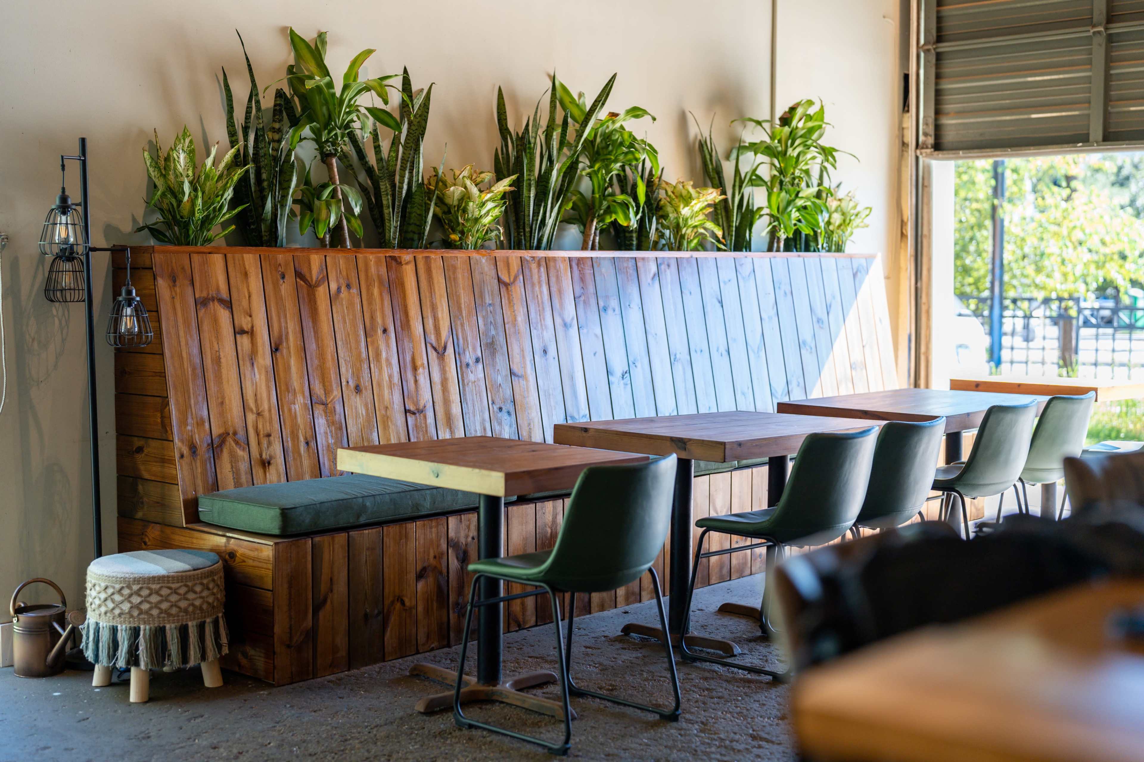 The image features a modern seating area with wooden tables, green chairs, and a wall adorned with potted plants.