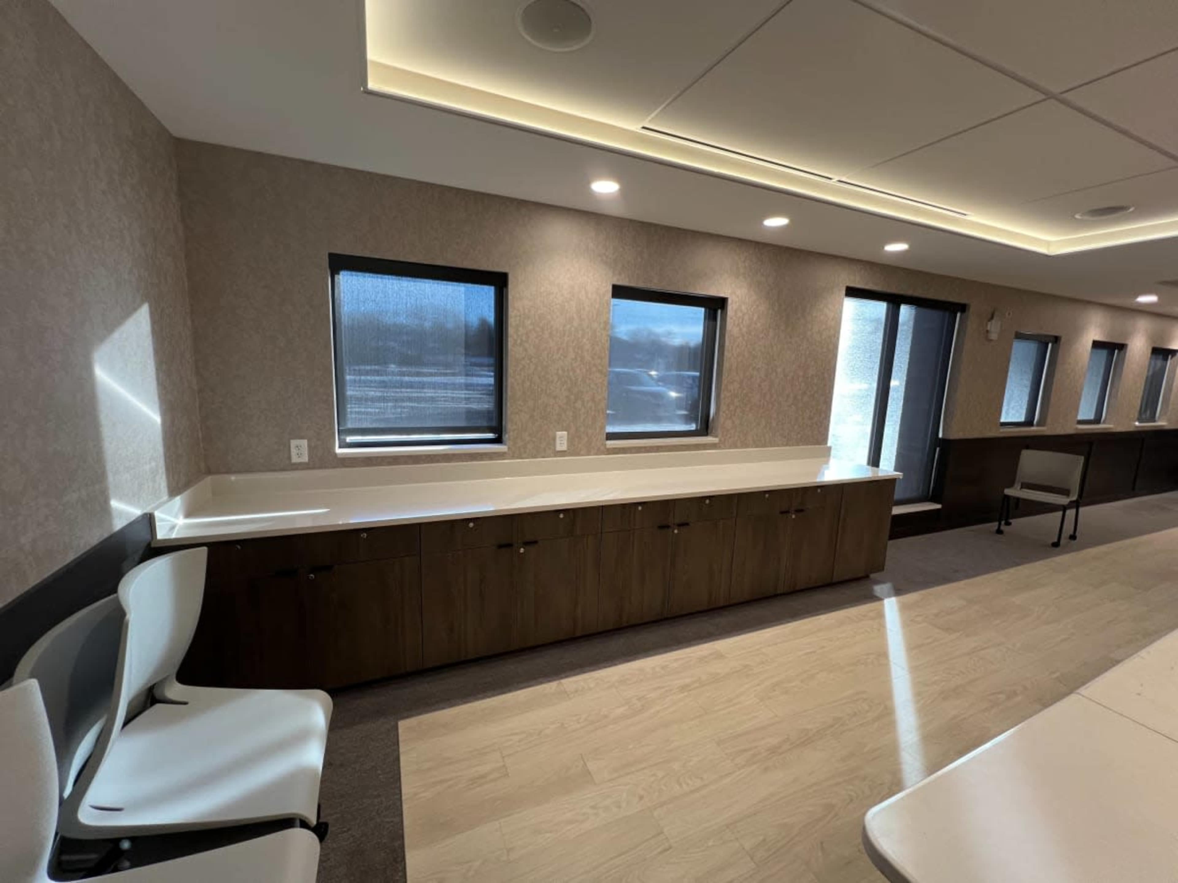 The image shows a well-lit office space featuring a long countertop with dark wood cabinetry beneath, complemented by several windows along the wall.
