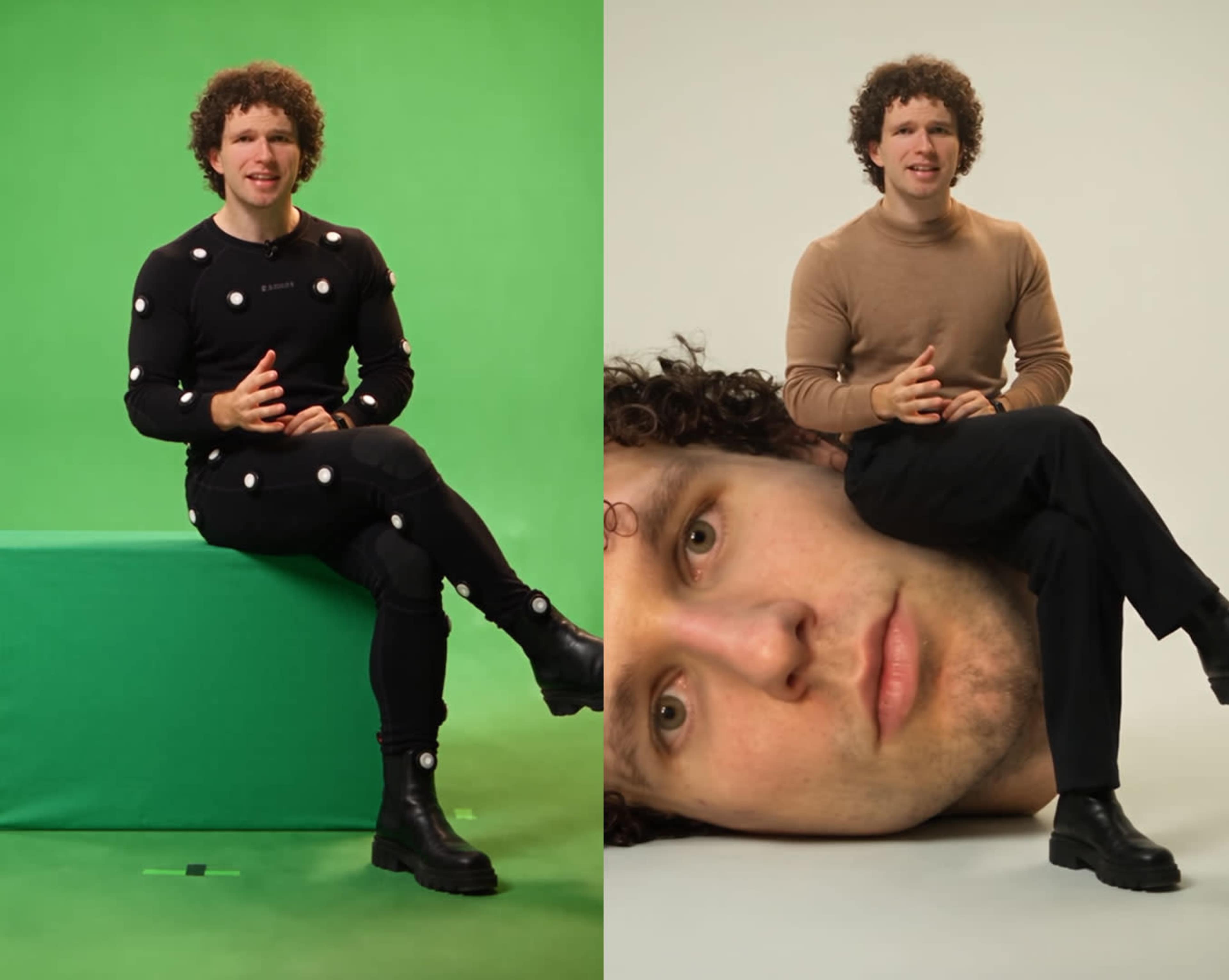 The image shows a man sitting on a green platform, wearing motion capture clothing on the left, and a surreal depiction of the same man with an oversized head sitting on his own leg on the right.