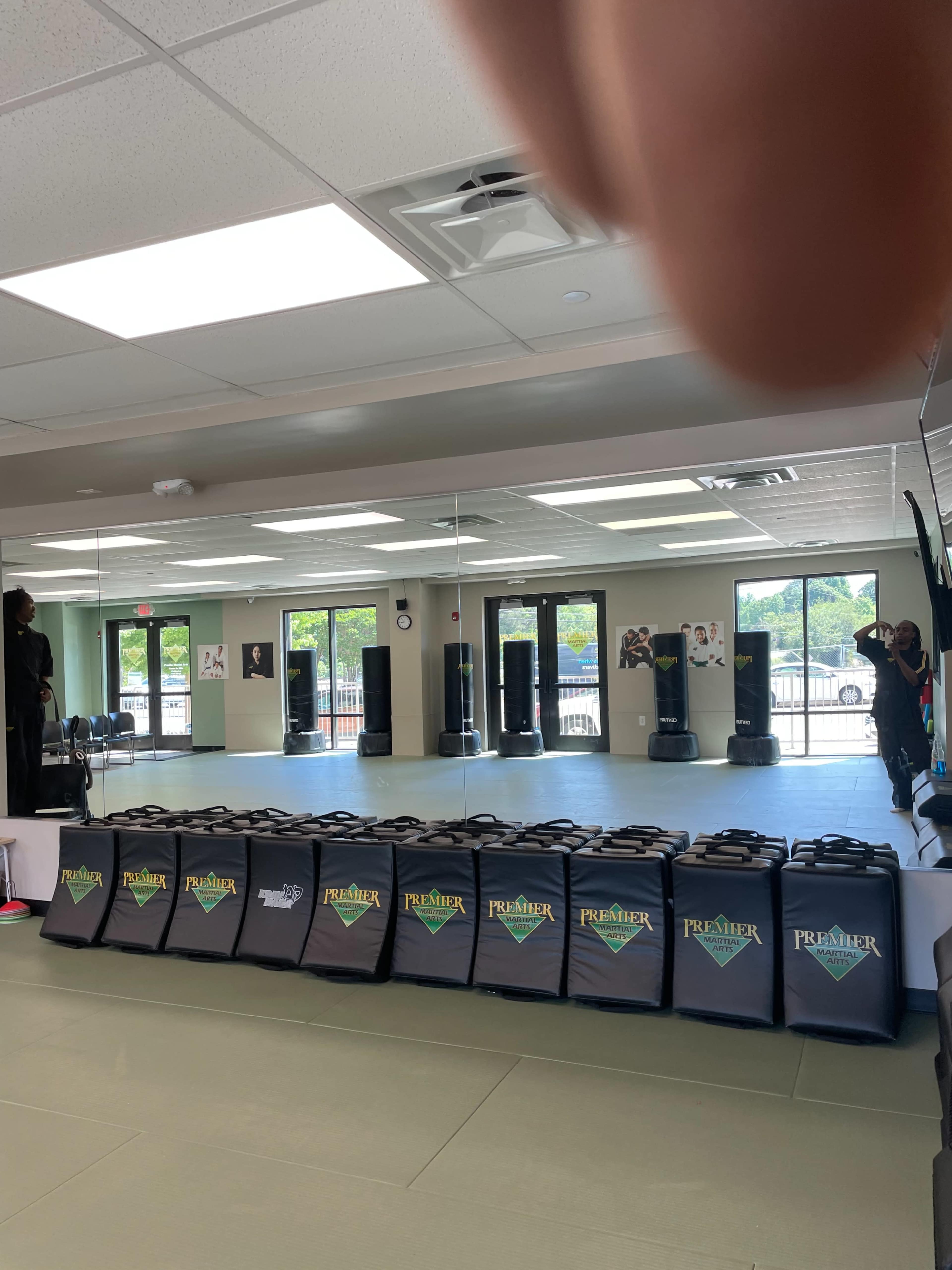 The image shows an empty martial arts studio with a mirrored wall, punching bags in the background, and training mats on the floor.