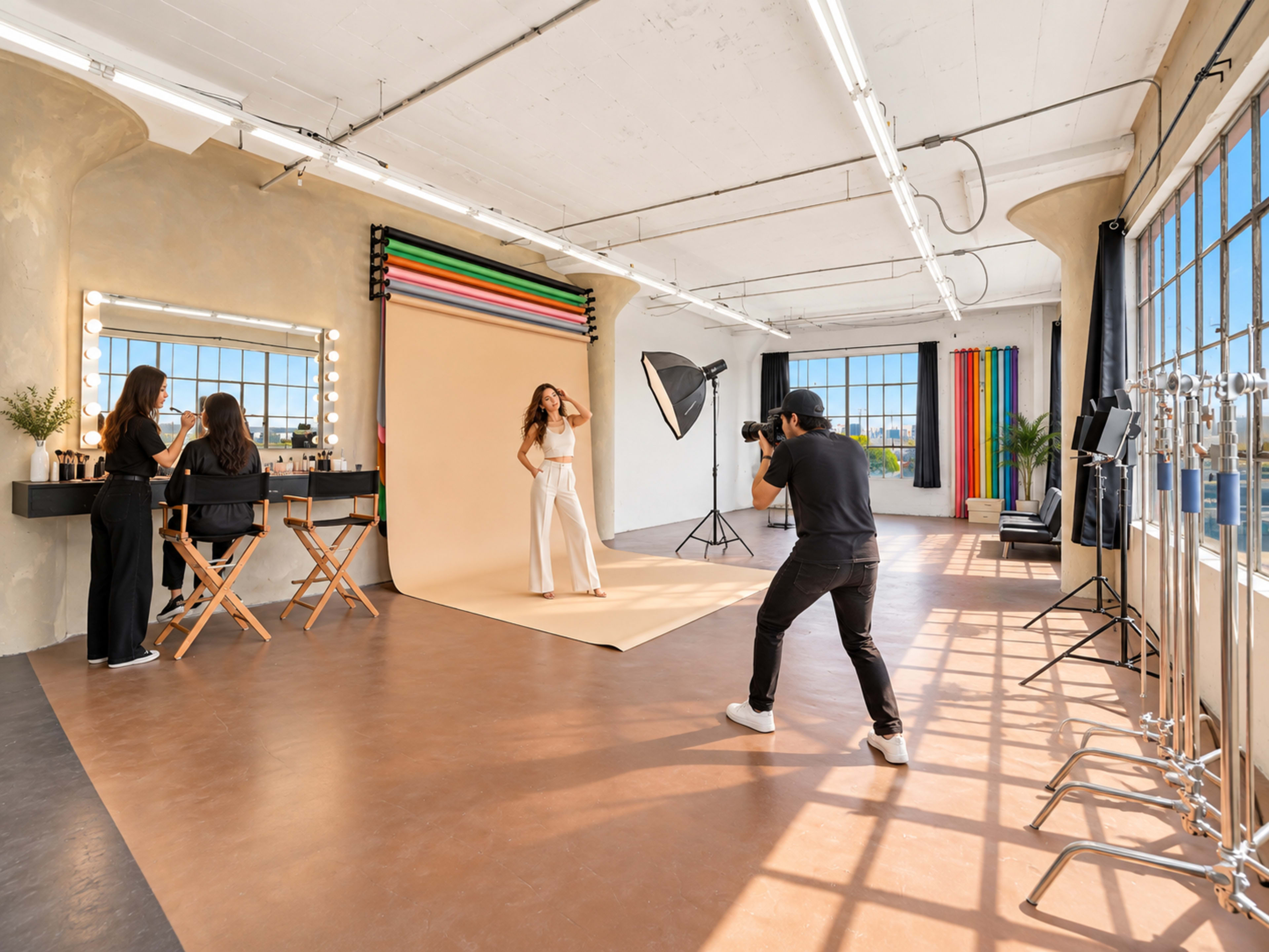 A photographer captures a model posing in a bright studio with colorful backdrops and makeup artists watching from a nearby vanity.