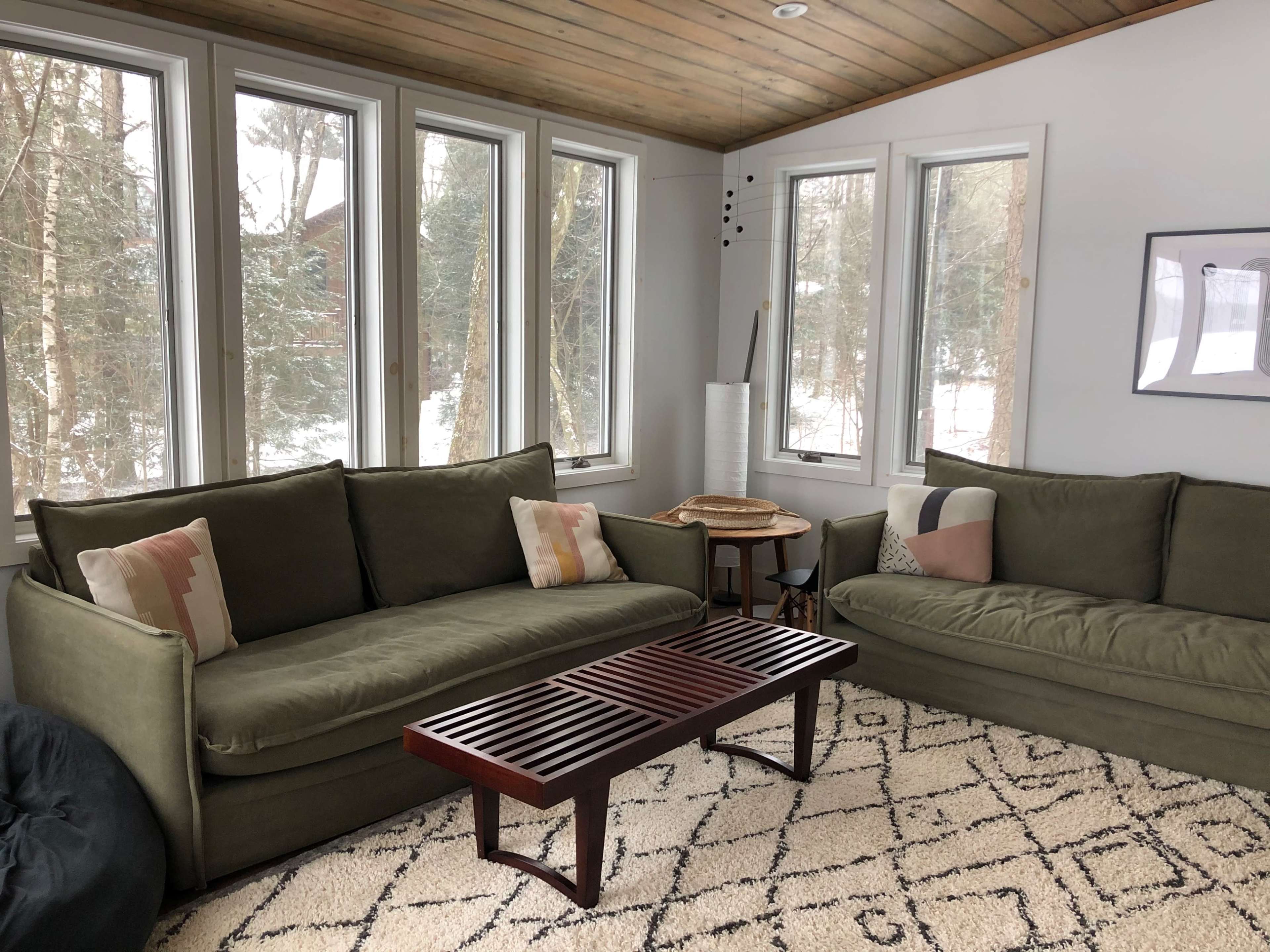The image shows a living room with two green sofas, a wooden coffee table, and large windows overlooking a snowy outdoor landscape.