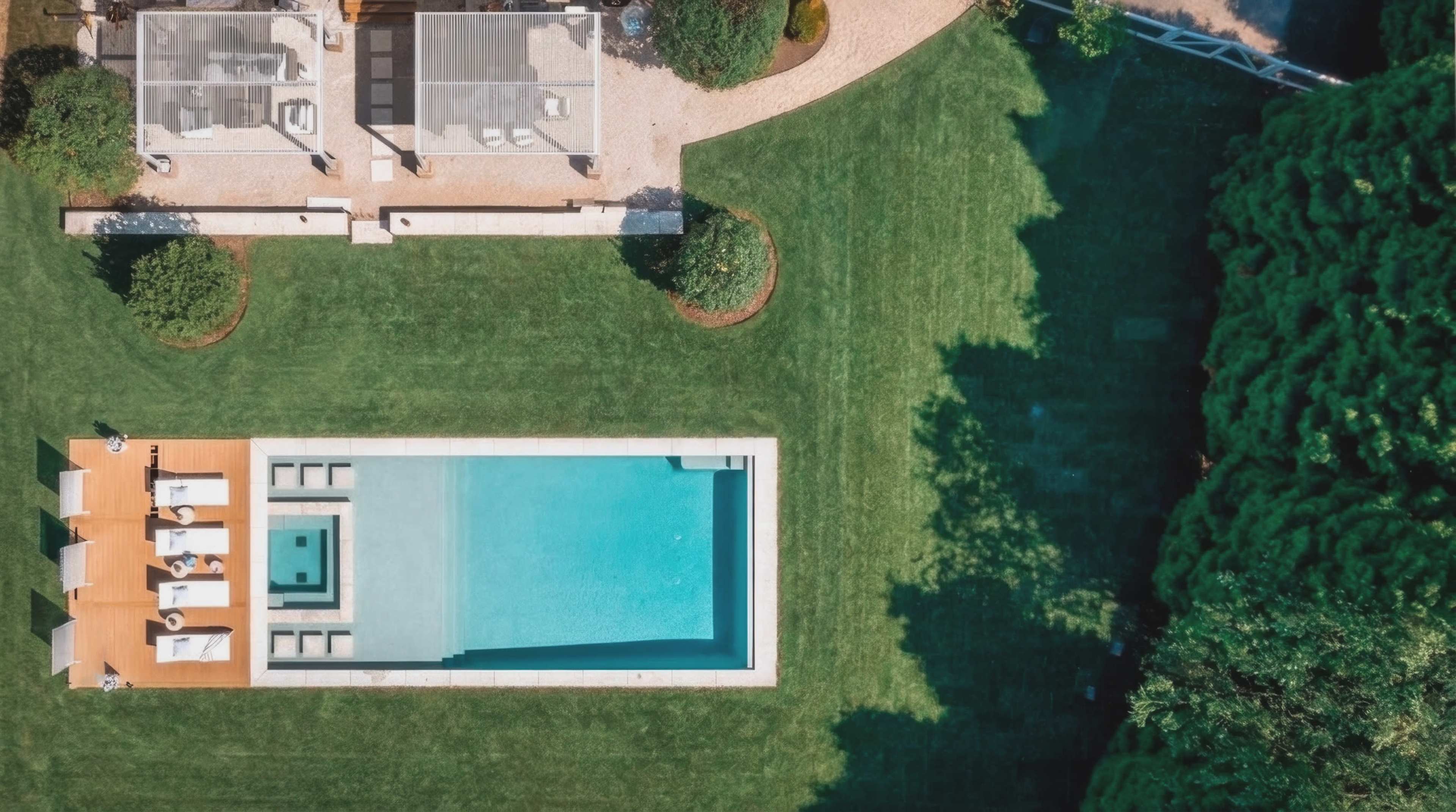 An aerial view shows a rectangular swimming pool surrounded by a manicured lawn and lounging area, with landscaped edges and nearby structures.