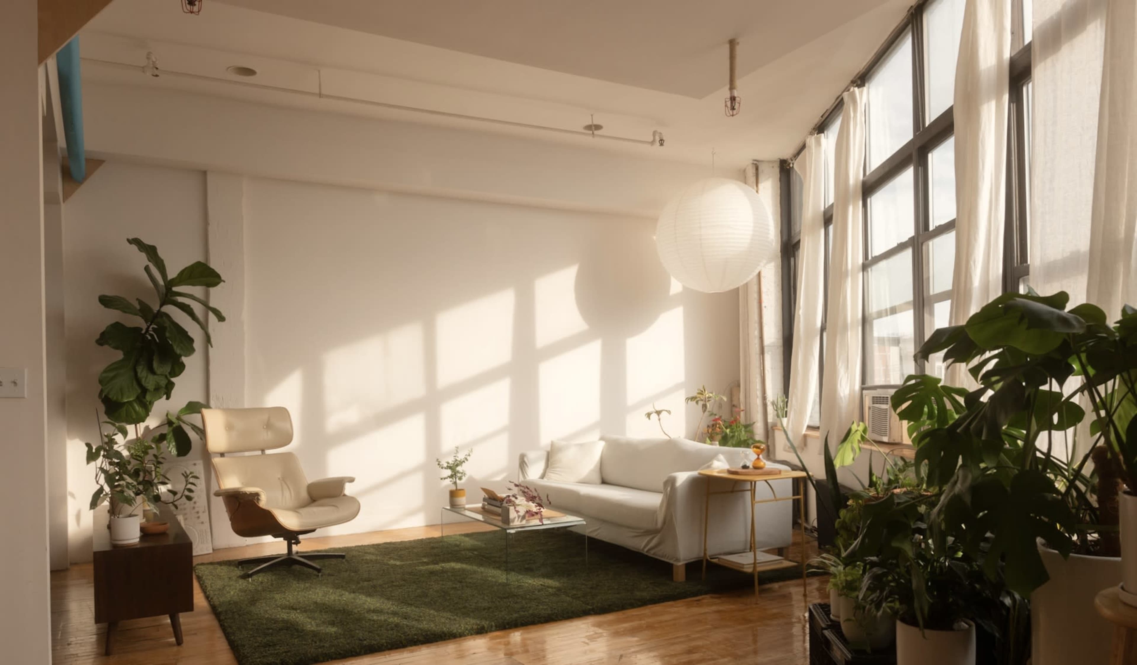 A bright living room features a white sofa, a green rug, and large windows allowing sunlight to stream in, with various plants placed around the space.