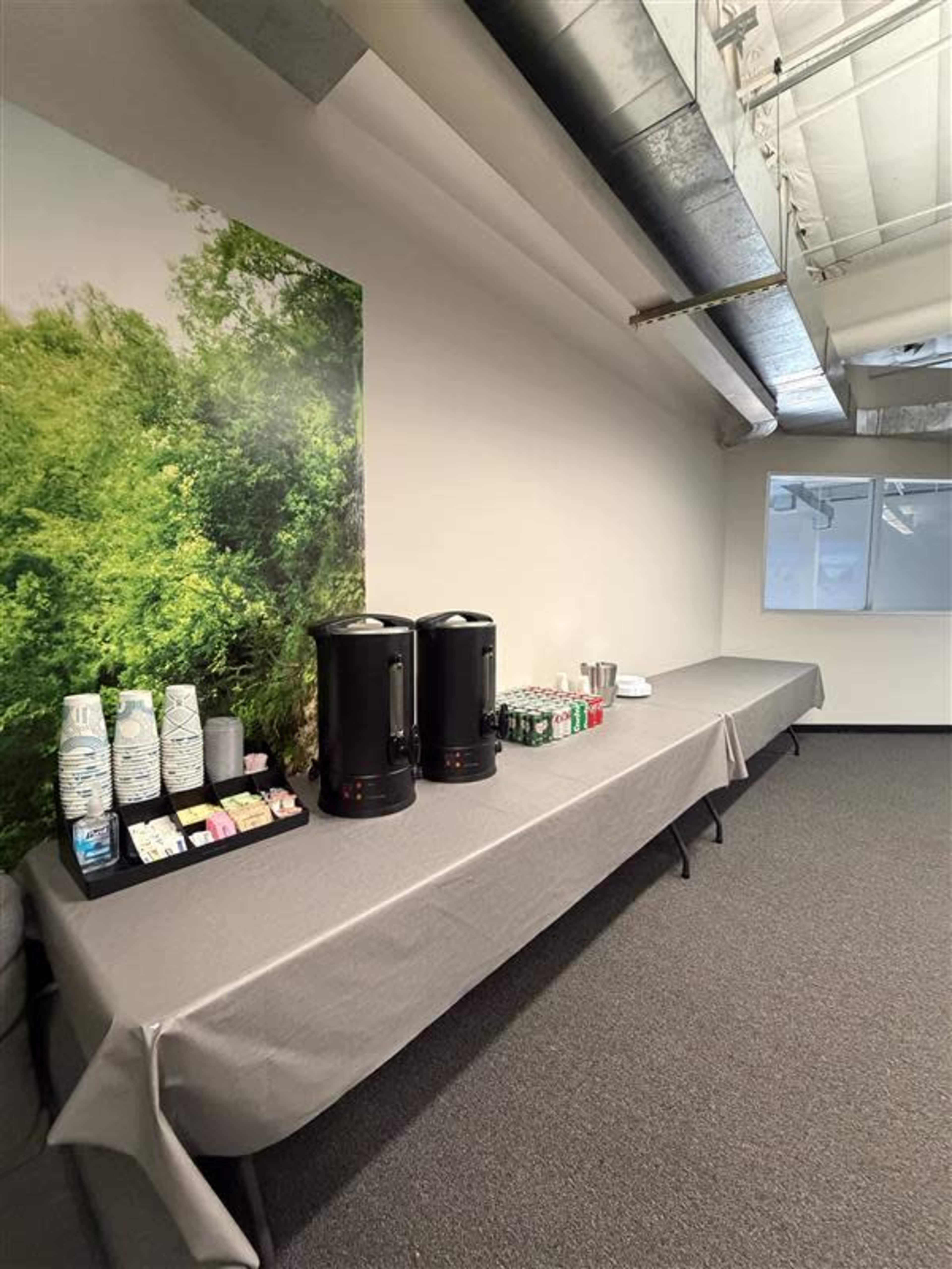 The image shows a long table covered with a gray tablecloth, featuring two coffee dispensers, assorted snack items, and a selection of drinks, set against a wall with a greenery mural.