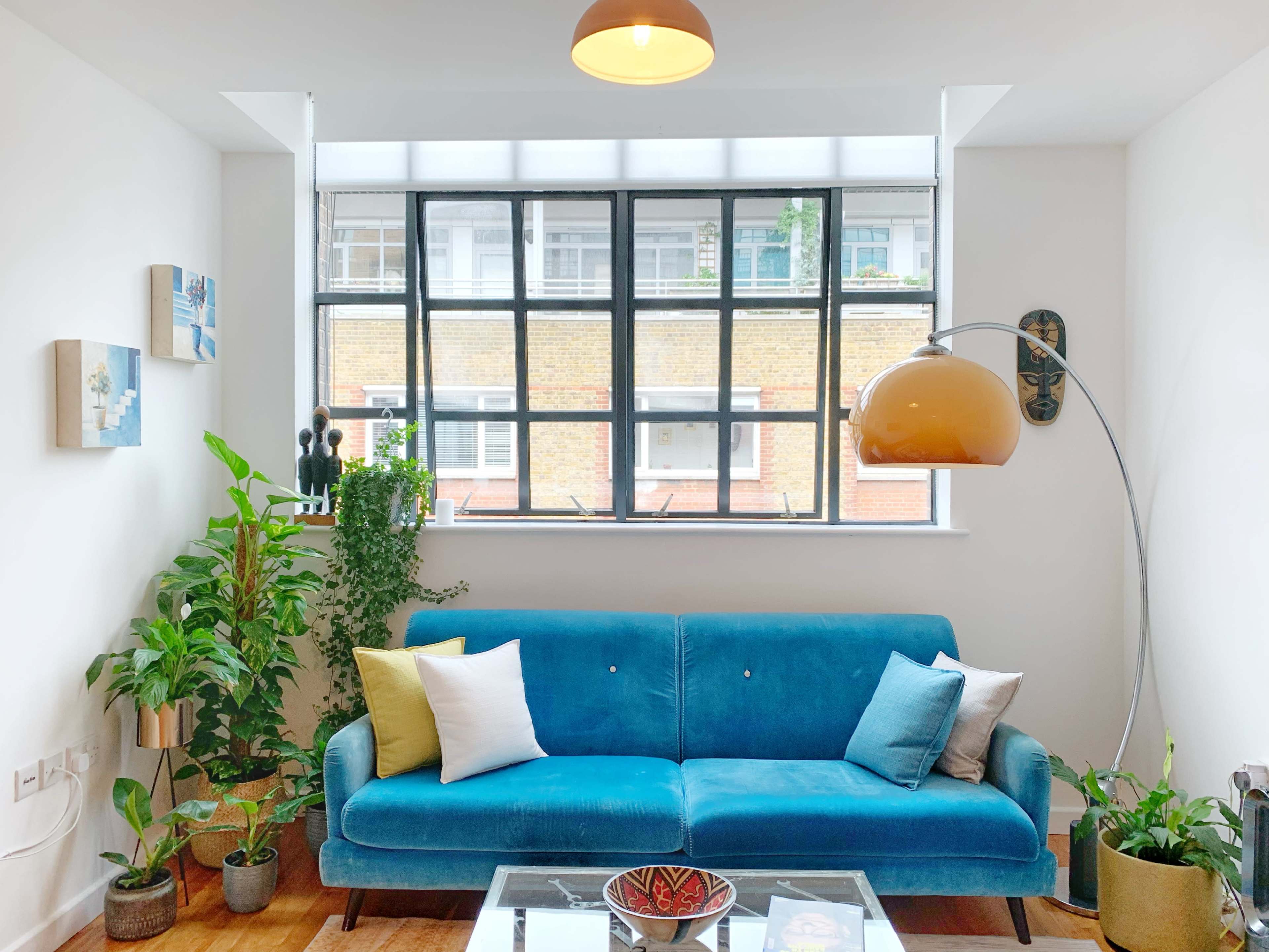 A blue sofa with decorative pillows sits in a bright room filled with houseplants, next to a large window displaying an urban view.