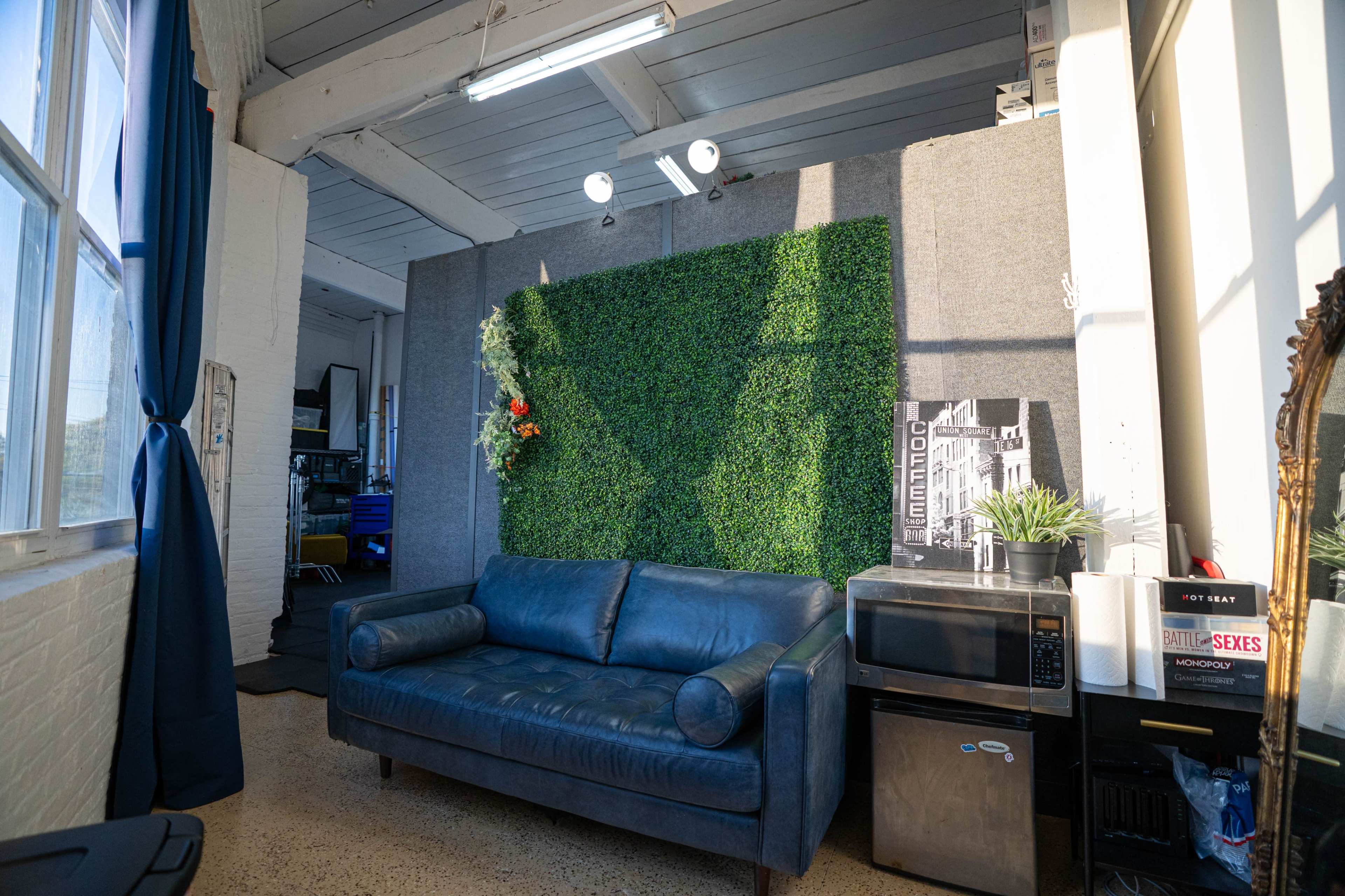 The image shows a blue leather couch in a room with a textured wall adorned with artificial greenery and various appliances nearby.