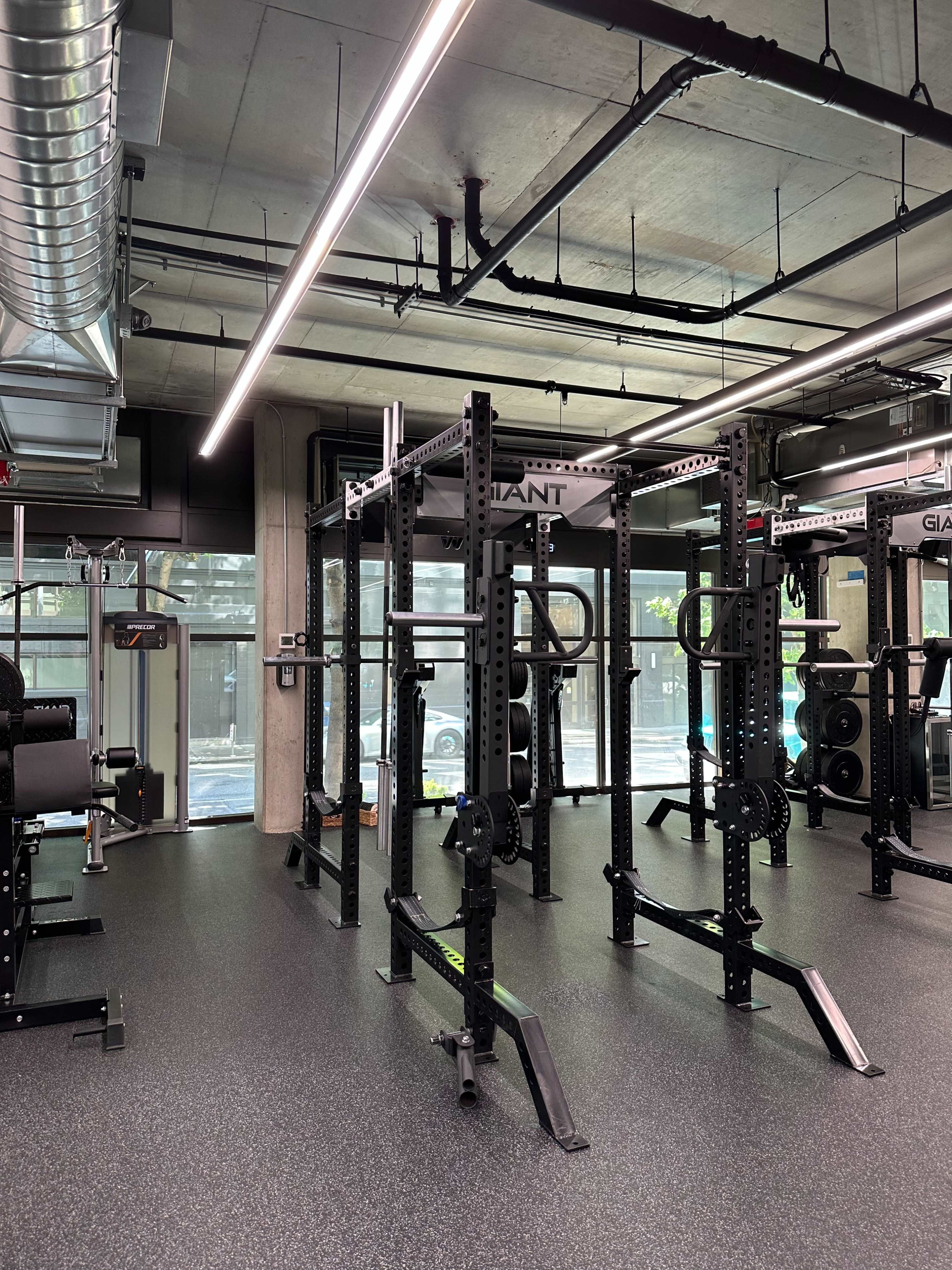 A modern gym interior featuring a squat rack and various weightlifting equipment on a rubber flooring surface.