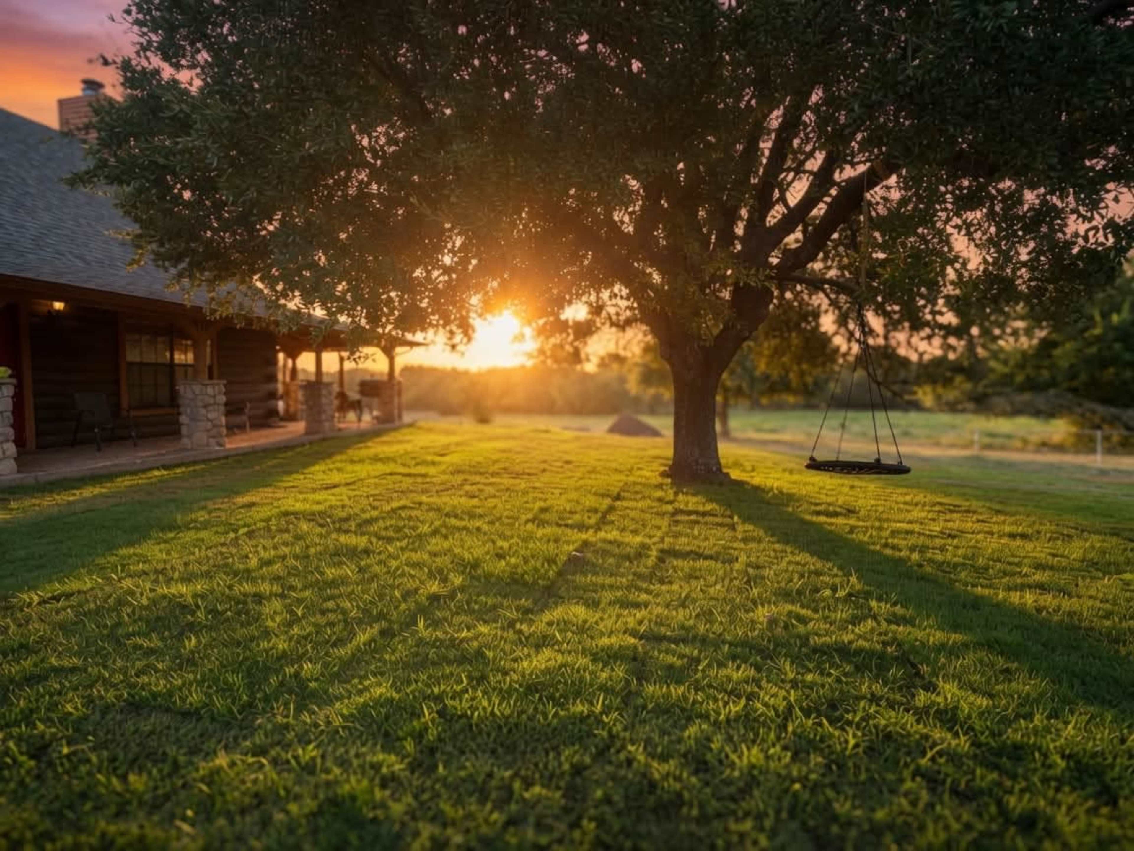A large tree with a swing stands in a grassy yard in front of a house as the sun sets in the background.