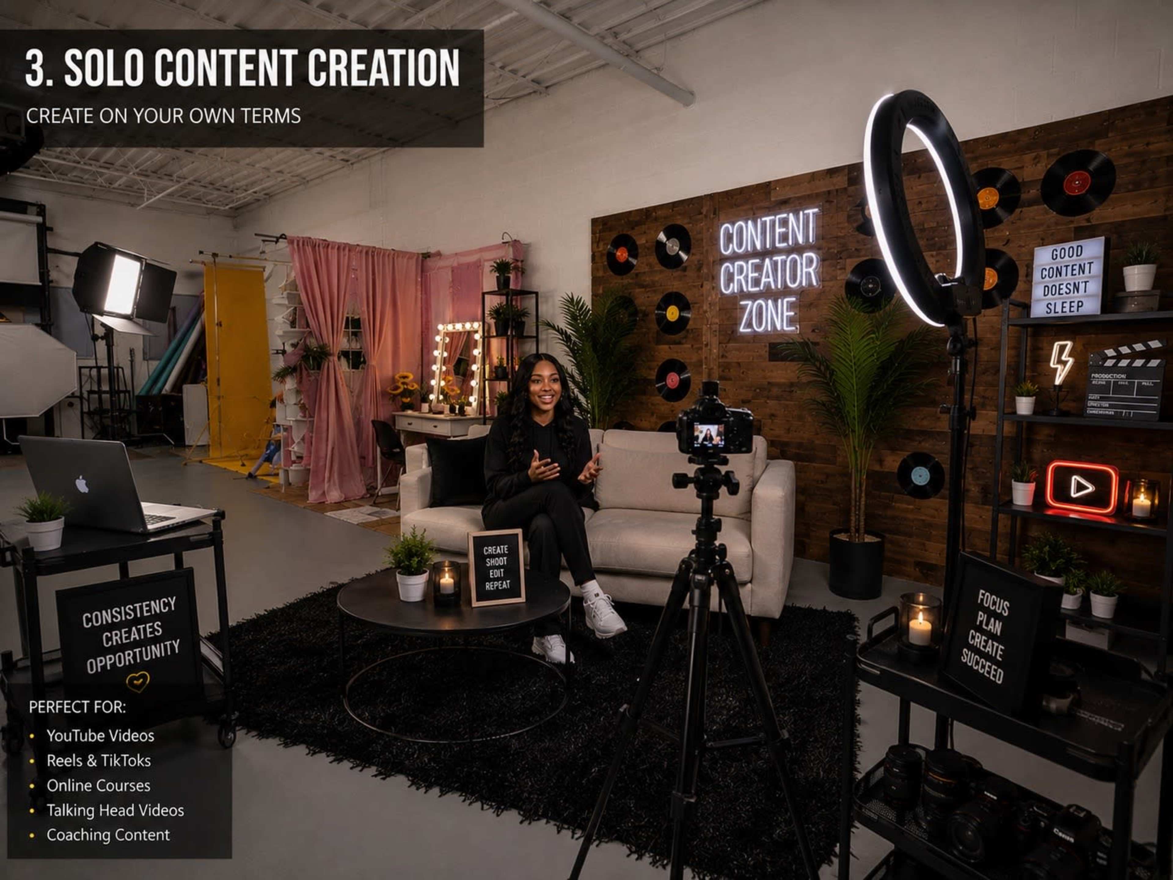 The image shows a well-lit content creation studio featuring a comfortable seating area, cameras set up on tripods, and various equipment for filming and recording.