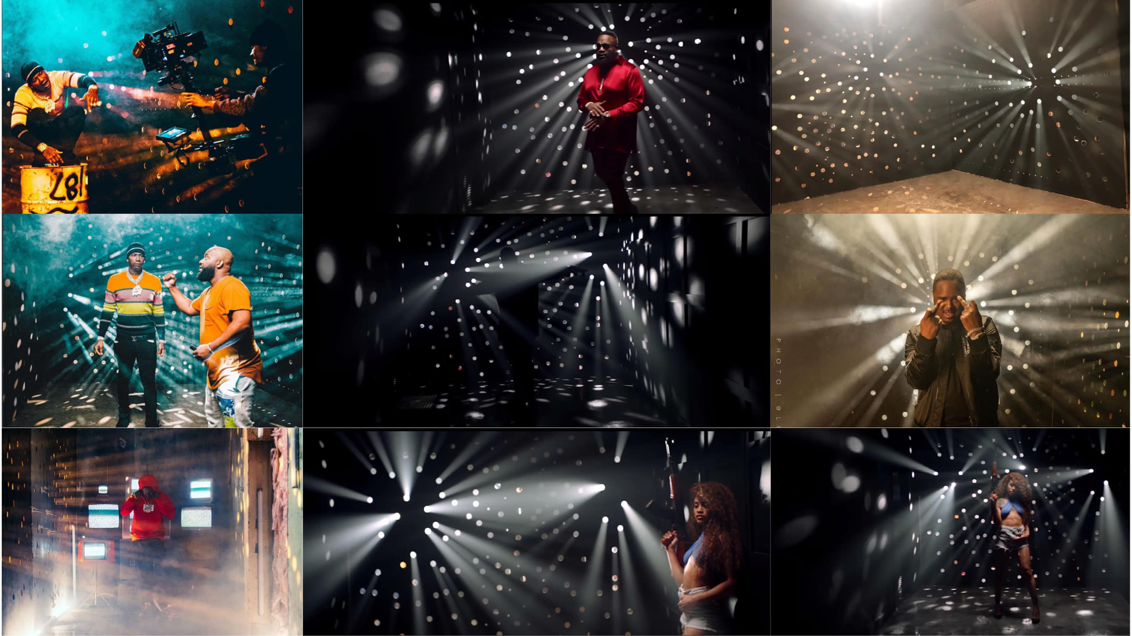 Multiple scenes featuring performers in various lighting setups, with beams of light cutting through a dark space, creating a dynamic visual effect.