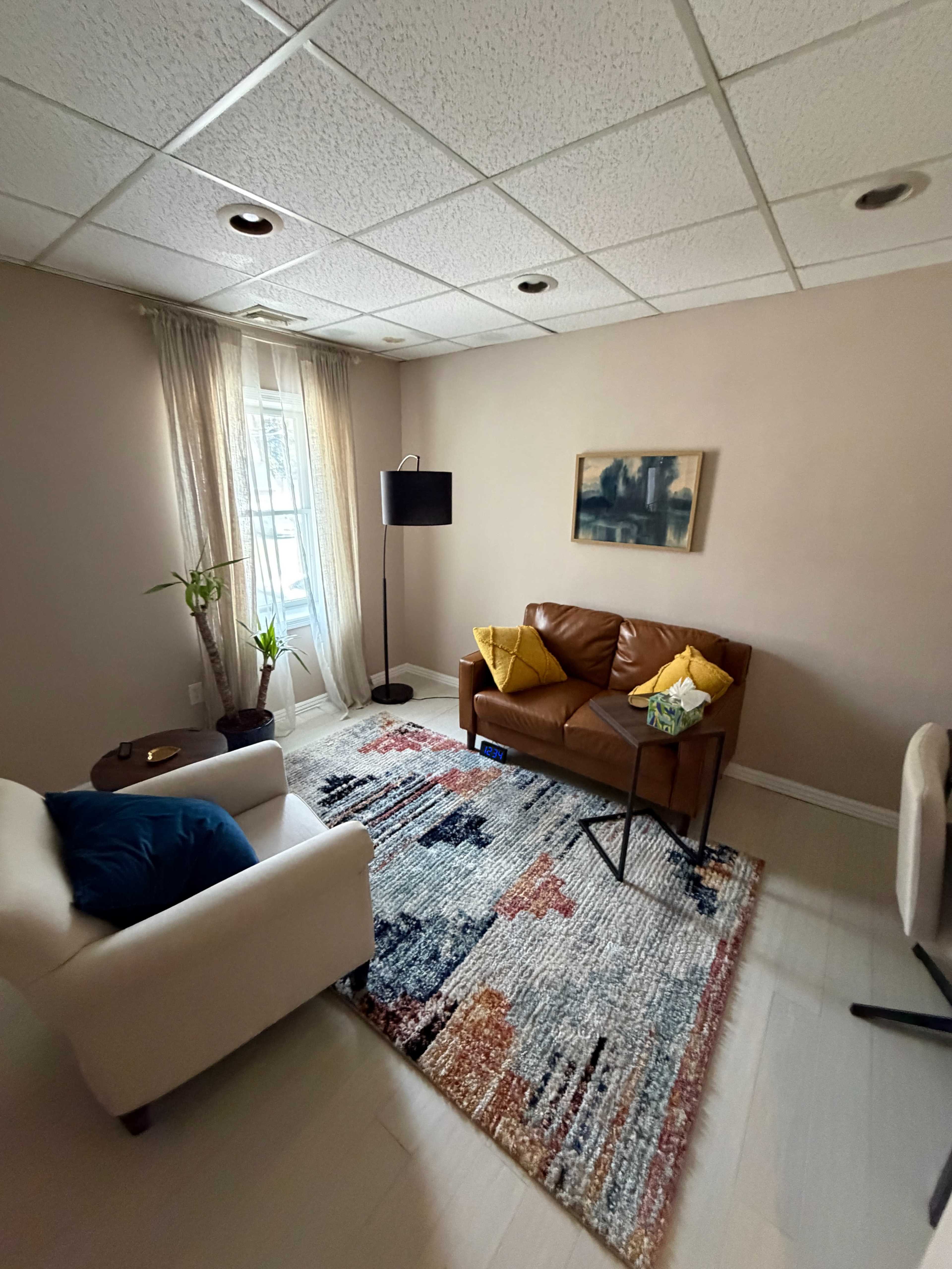 The image shows a small, well-lit room furnished with a brown leather sofa, a white armchair, a coffee table, and a colorful rug, with a window draped in sheer curtains.