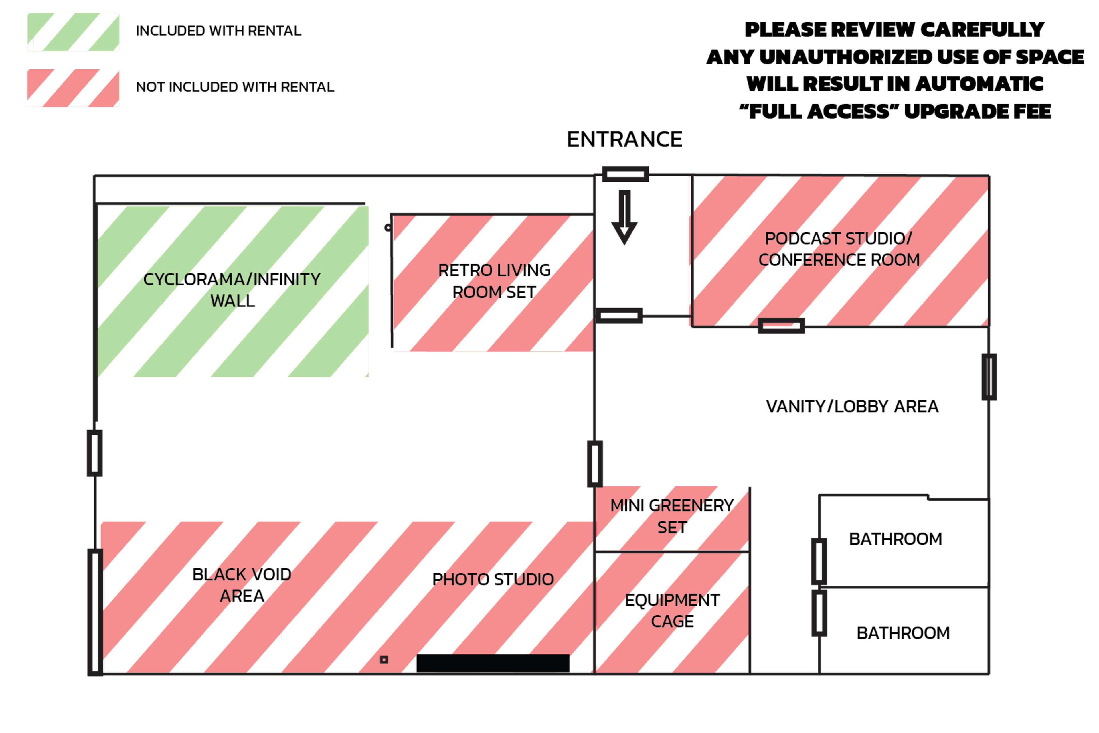 The diagram displays a layout of a facility with labeled areas such as a podcast studio, retro living room, and various other designated spaces, including entrances and bathrooms.