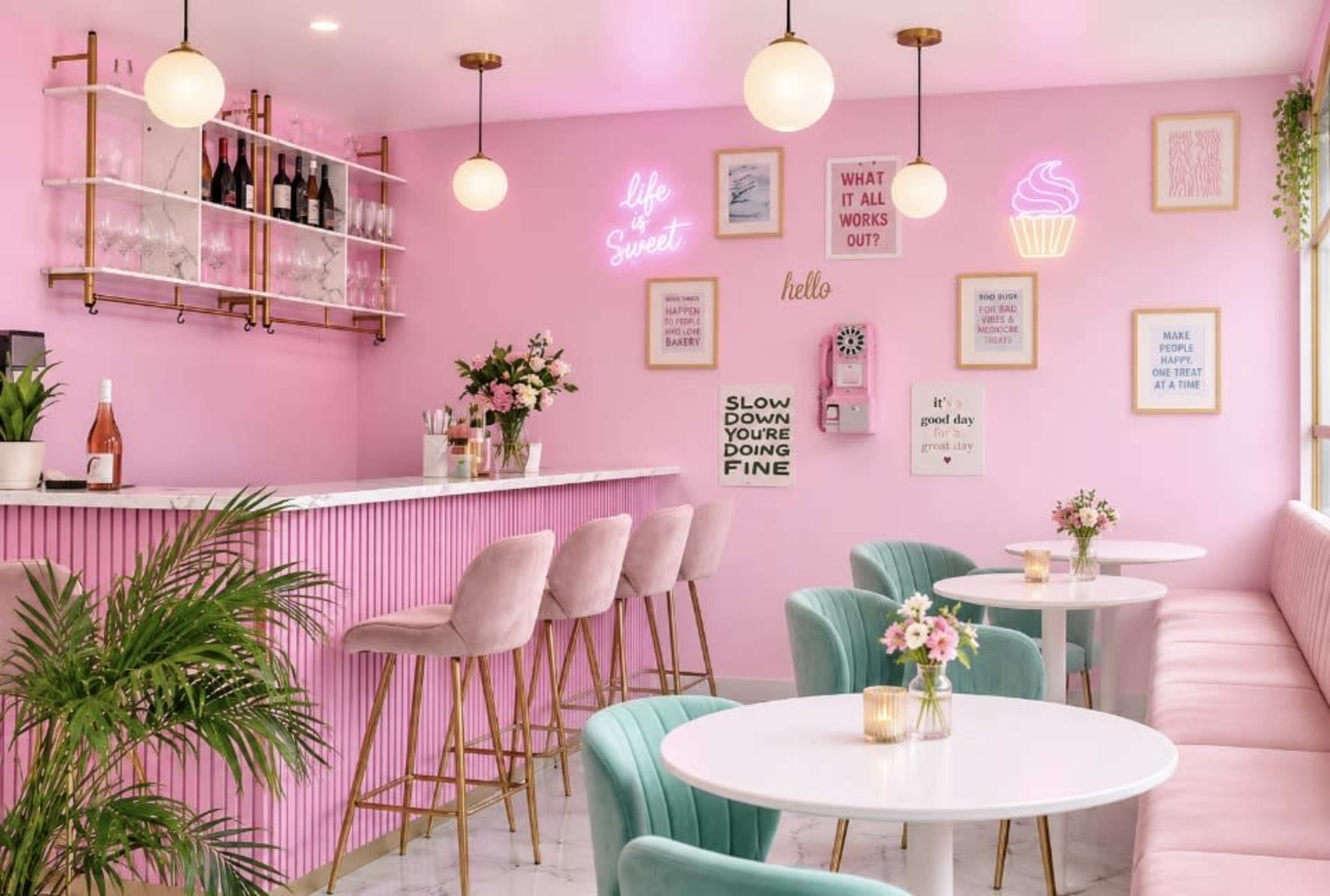 The image shows a brightly lit café with pink walls, modern furnishings, and a bar area stocked with drinks, featuring decorative neon signs and plants.